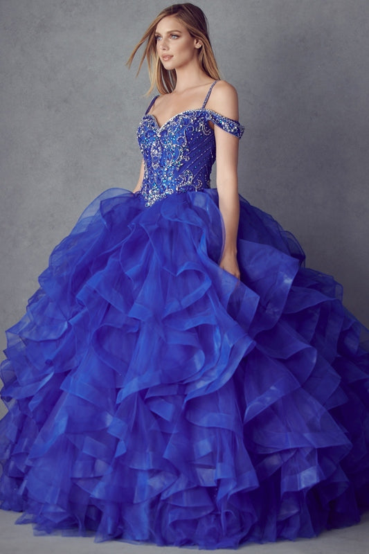 Juliet 1421 Cinderella Ball Gown Ruffled Tulle Cold Shoulder Embroidered Bodice by DiscountDressShop