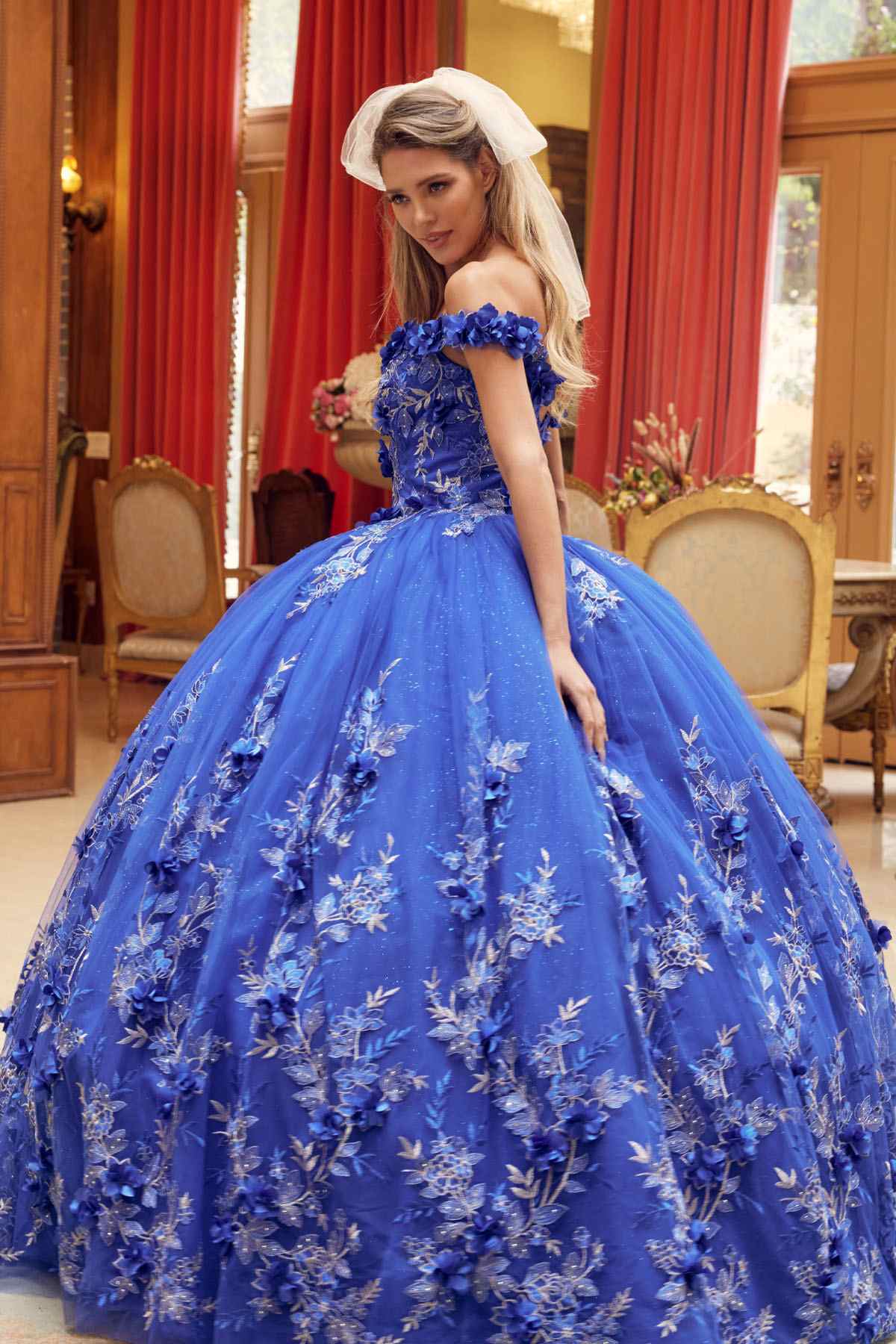 Juliet 1447 Long 3D Floral Appliques Off Shoulder Poofy Ball Gown by DiscountDressShop