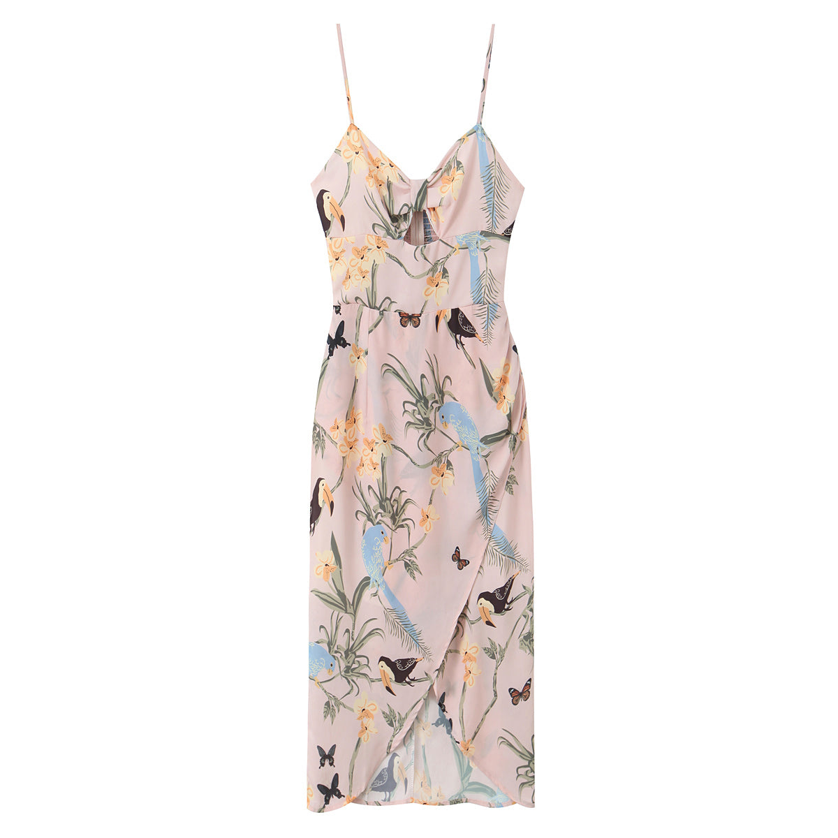 Sexy Cutout V neck Retro Floral Print Slit Cami Dress Tight Waist Slim Fit Holiday Midi Dress by Ragazza