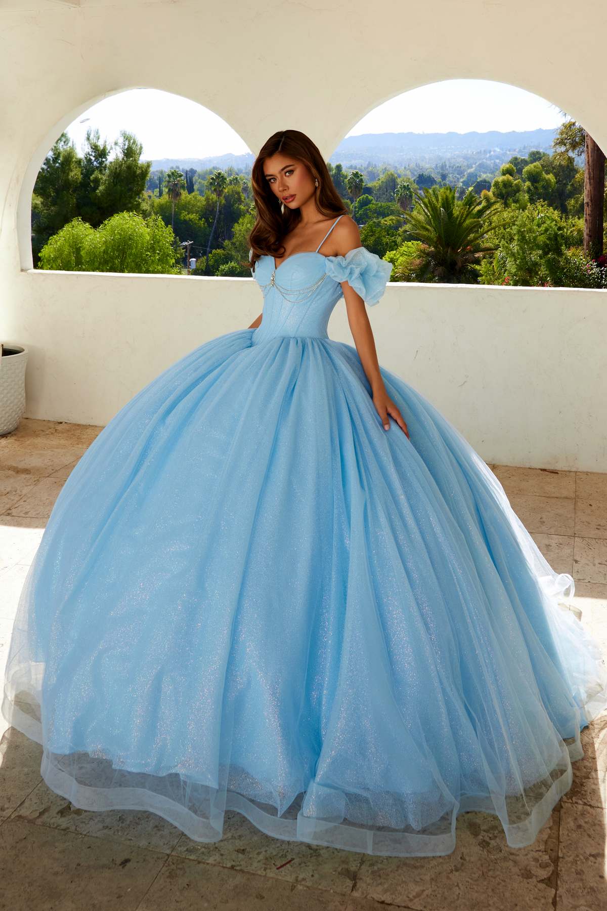 Juliet JT1487H Cold Shoulder quinceanera Ball Gown by DiscountDressShop