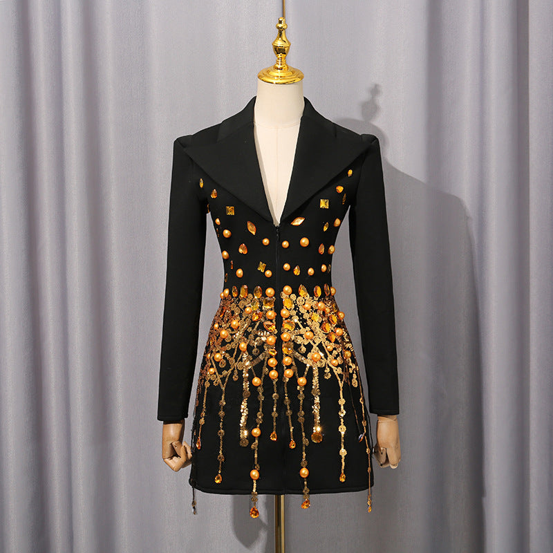 Street Long Sleeve Dress Women Spring Autumn Tassel Rhinestone Women Short Dress by Ragazza
