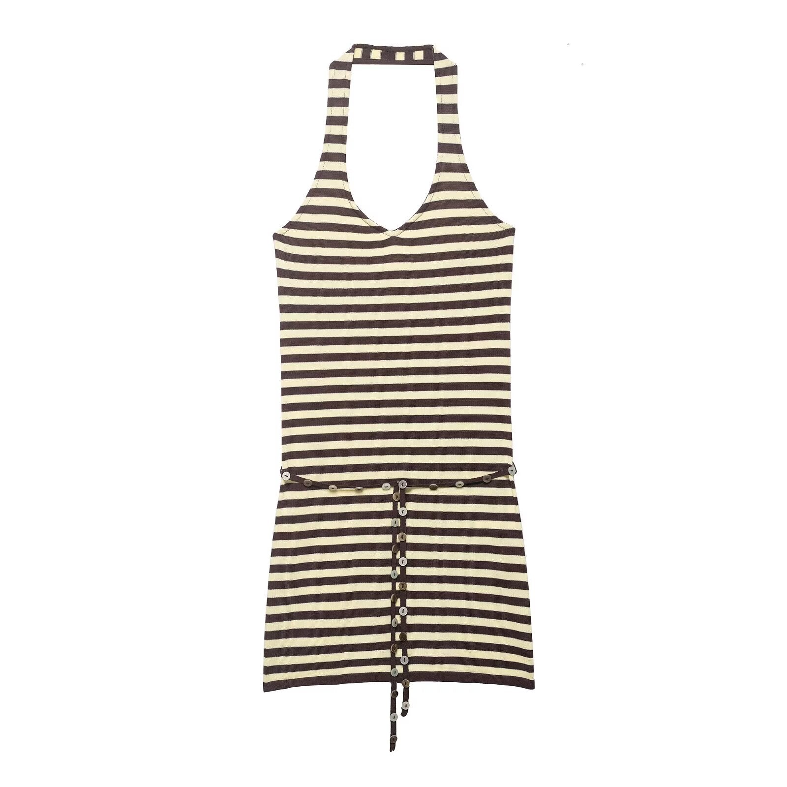 Women Clothing Summer Halter Backless Slim Sleeveless Striped Short Dress by Ragazza