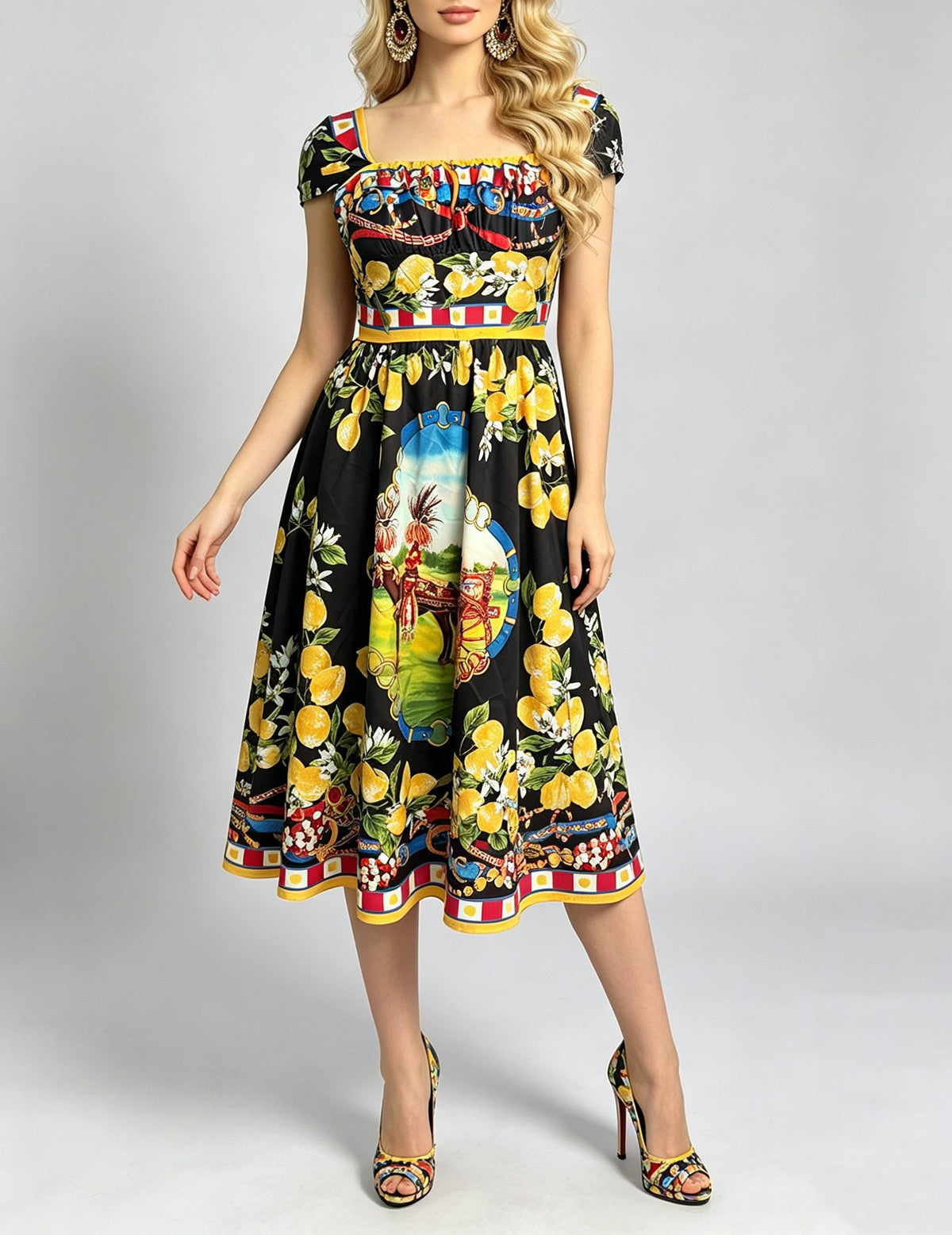 Women Oil Painted Floral High Waisted Pleated Halter Bodycon Dress With Square Neckline And Flared A Line Dress by Ragazza