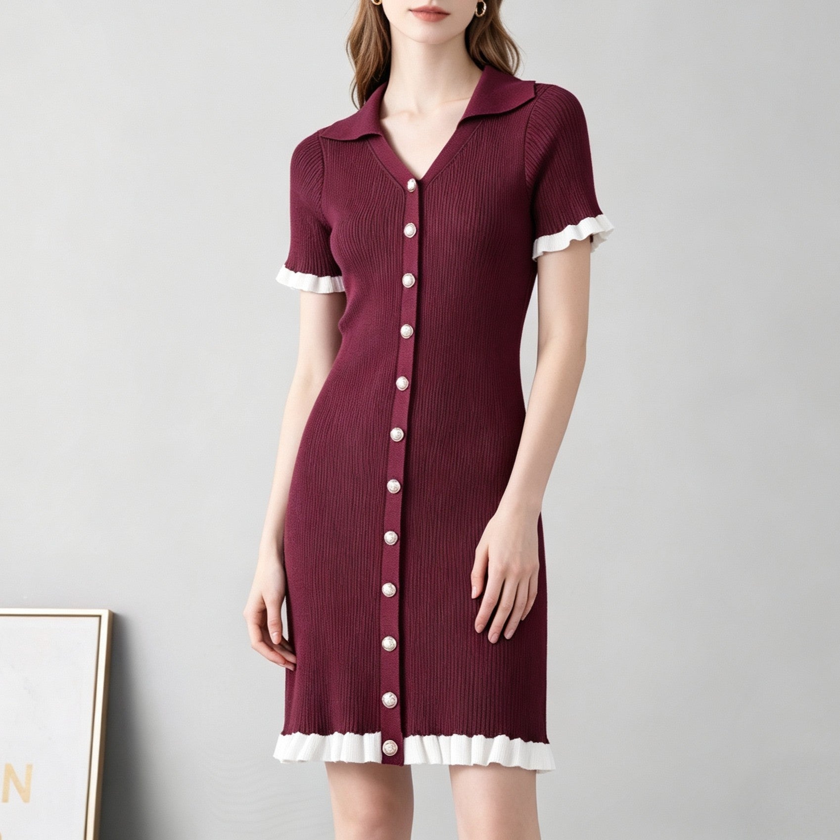 Women V Neck Fitted And Slimming Single Button Patchwork Short Sleeved Knitted Halter Neck Dress by Ragazza