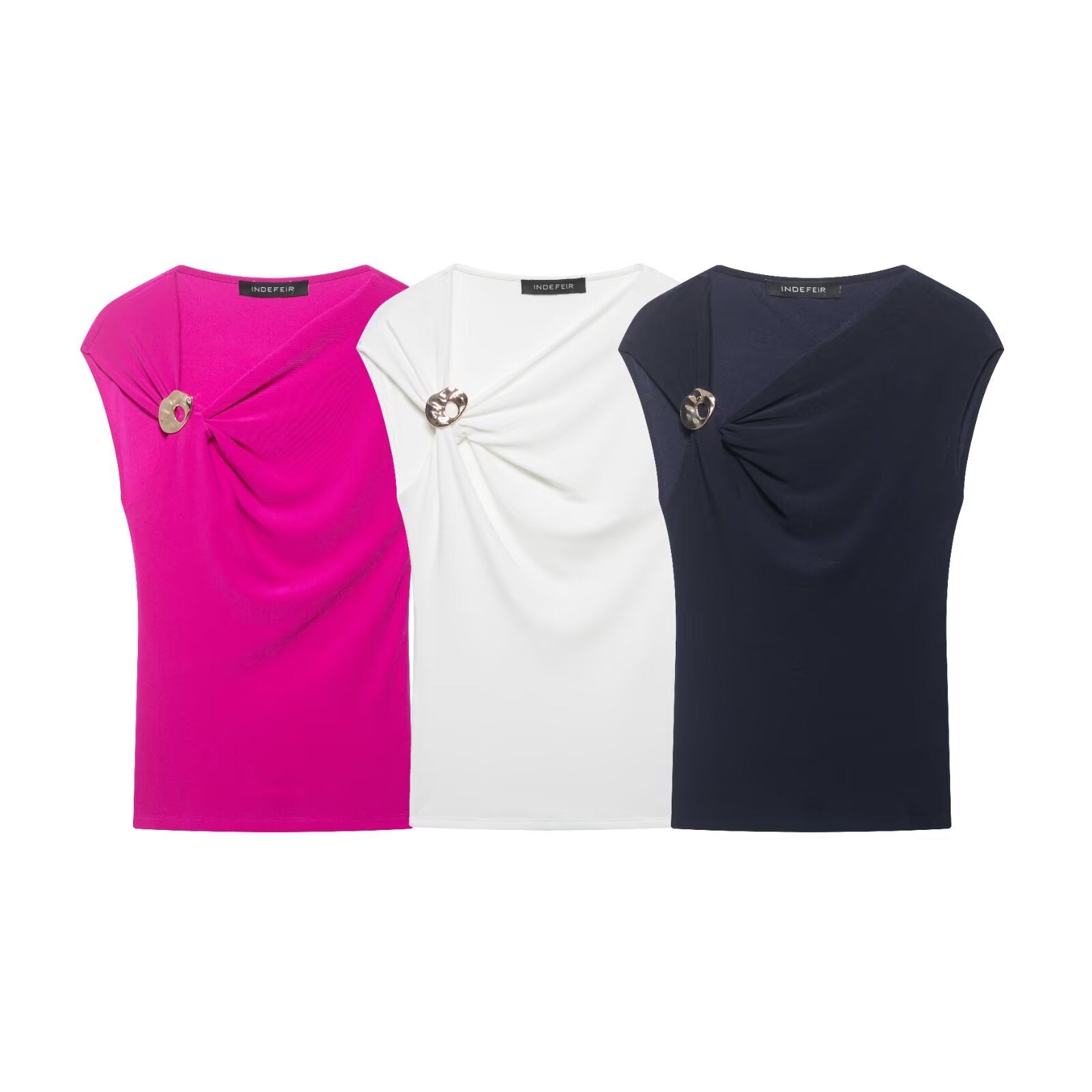 Women Clothing Summer Sleeveless Asymmetric Collar Pleated Pullover Top by Ragazza