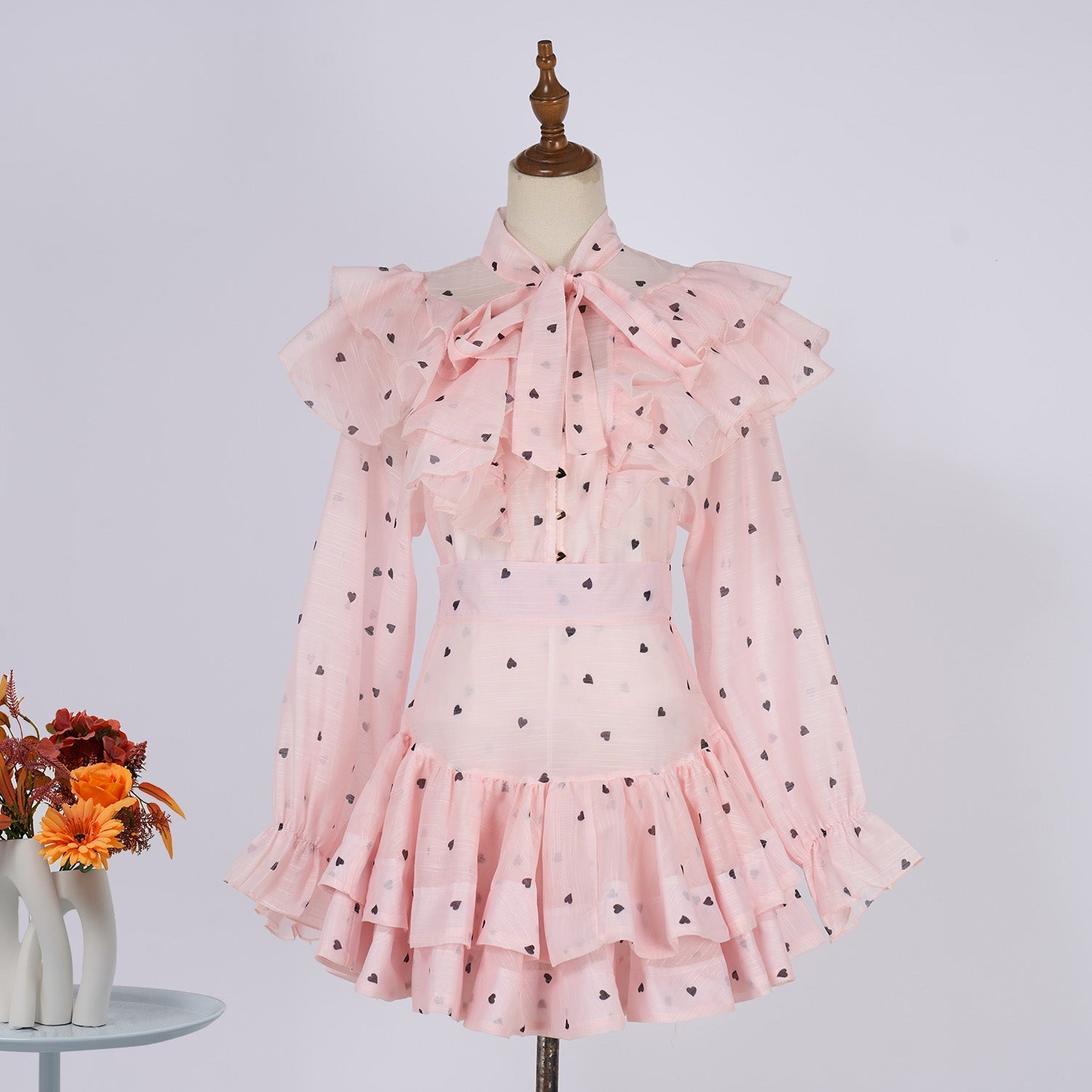 Women Heart Shaped Print Tie Up Ruffled Hem Blouse With High Waisted Short Half Length Skirt Two Piece Sets by Ragazza