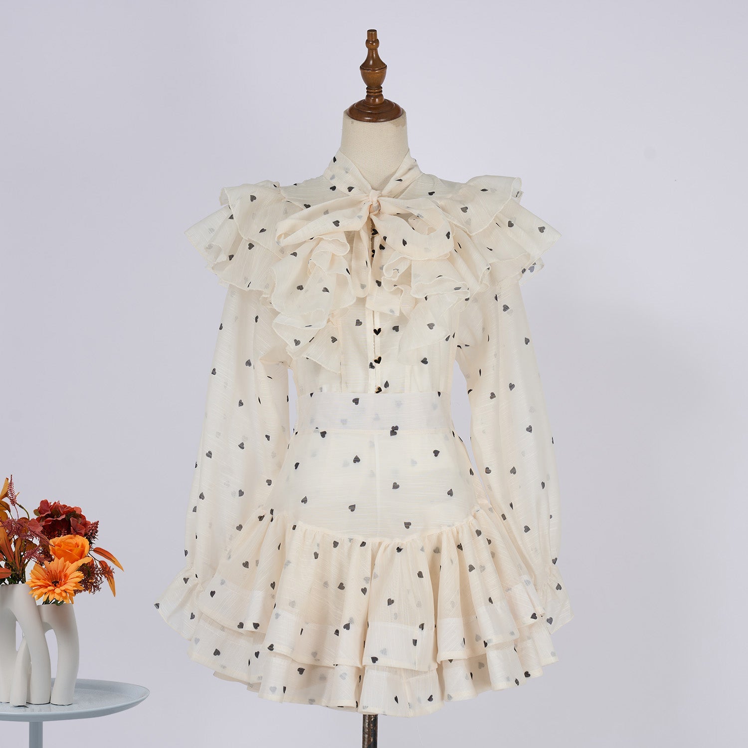 Women Heart Shaped Print Tie Up Ruffled Hem Blouse With High Waisted Short Half Length Skirt Two Piece Sets by Ragazza