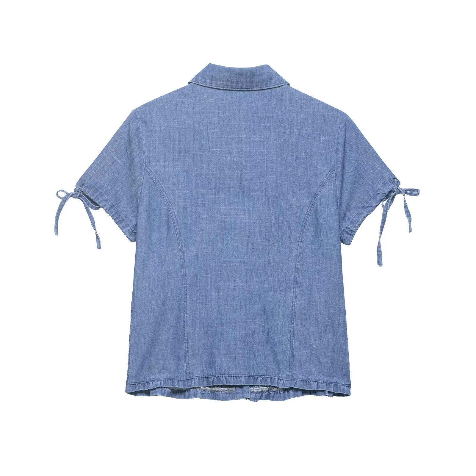 Women Clothing Summer Slim Fit Short Sleeved Collared Honeycomb Denim Shirt Women by Ragazza