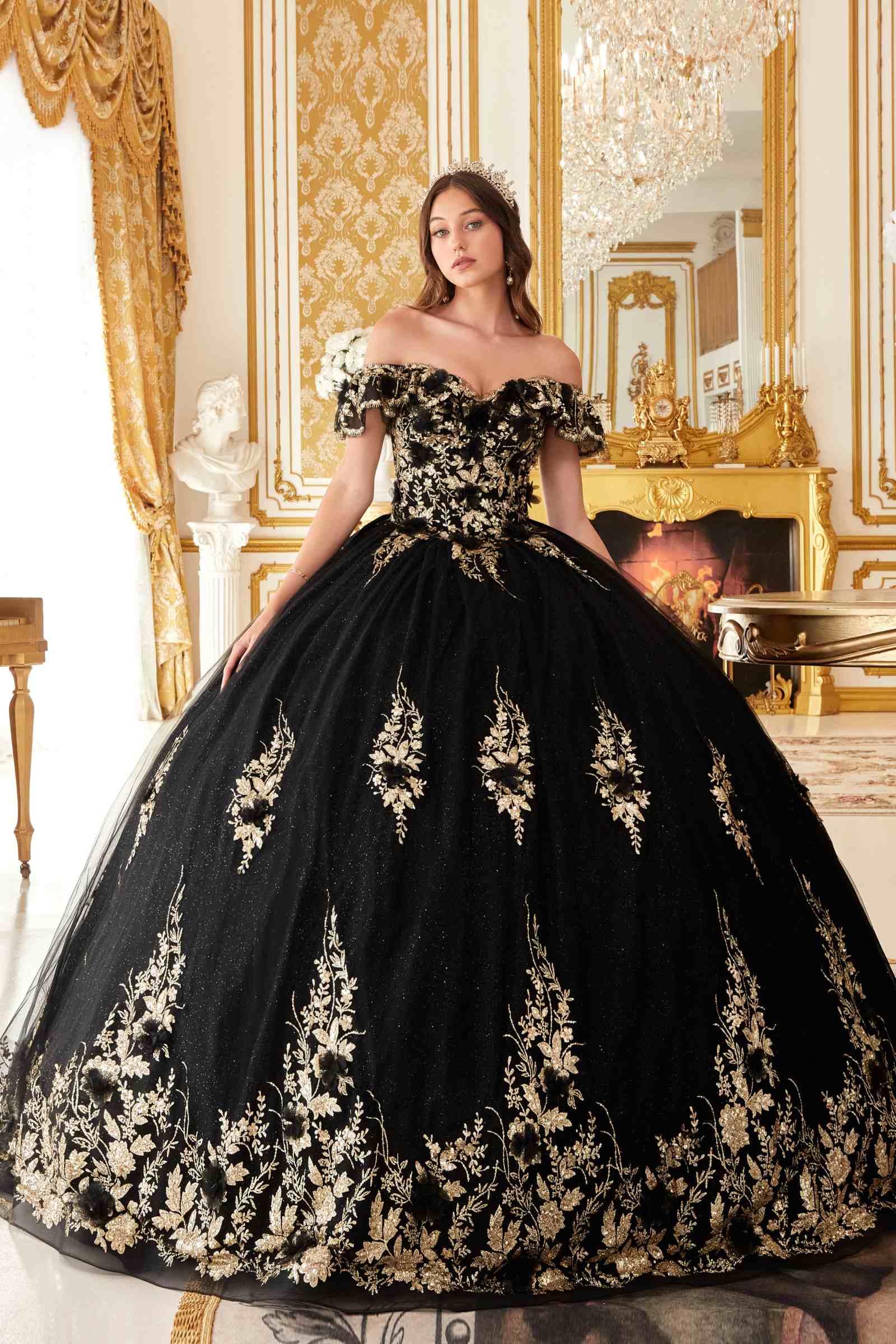 Ladivine 15701 Floral Off the Shoulder A-line Quince Ball Gown by DiscountDressShop