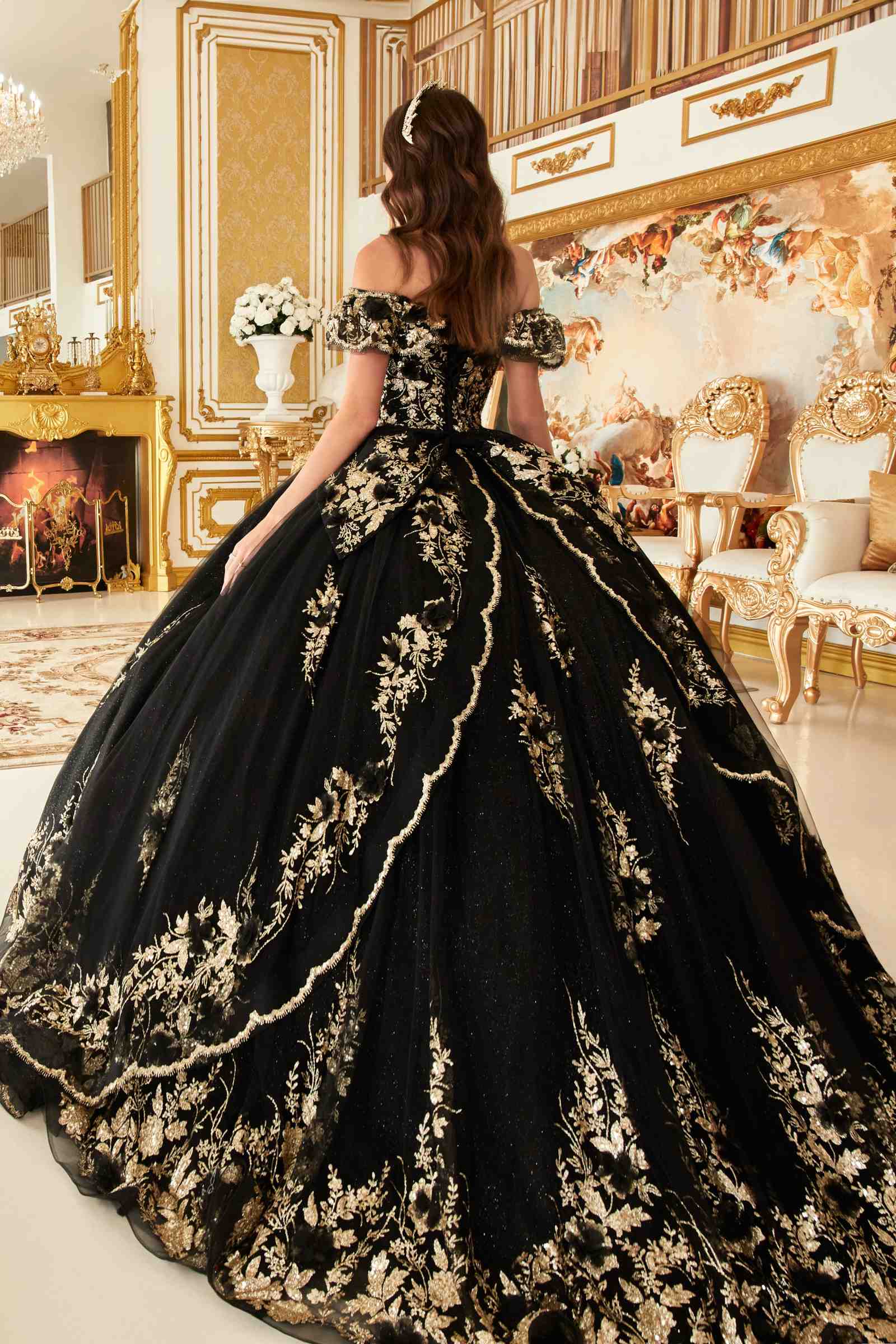 Ladivine 15701 Floral Off the Shoulder A-line Quince Ball Gown by DiscountDressShop