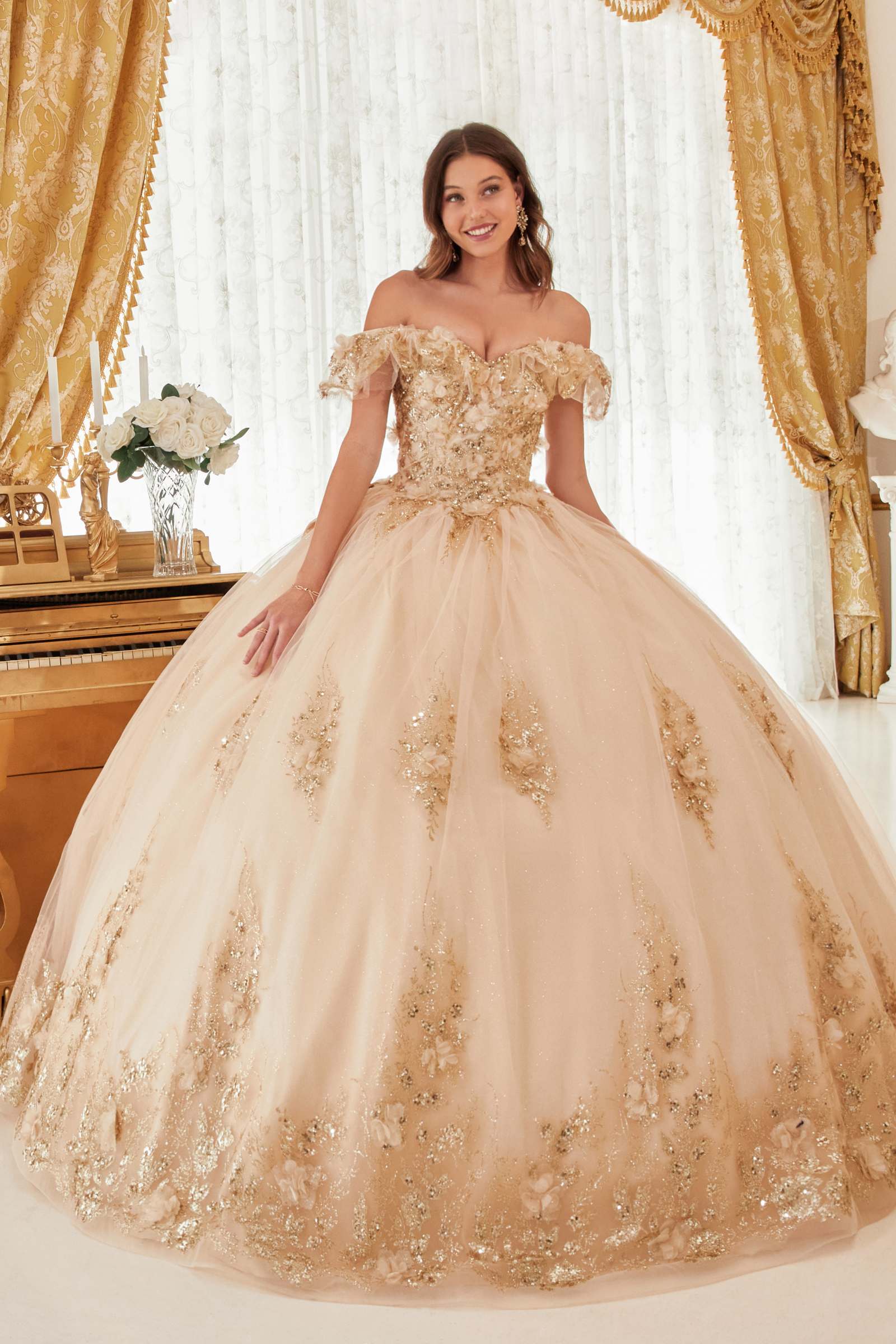 Ladivine 15701 Floral Off the Shoulder A-line Quince Ball Gown by DiscountDressShop