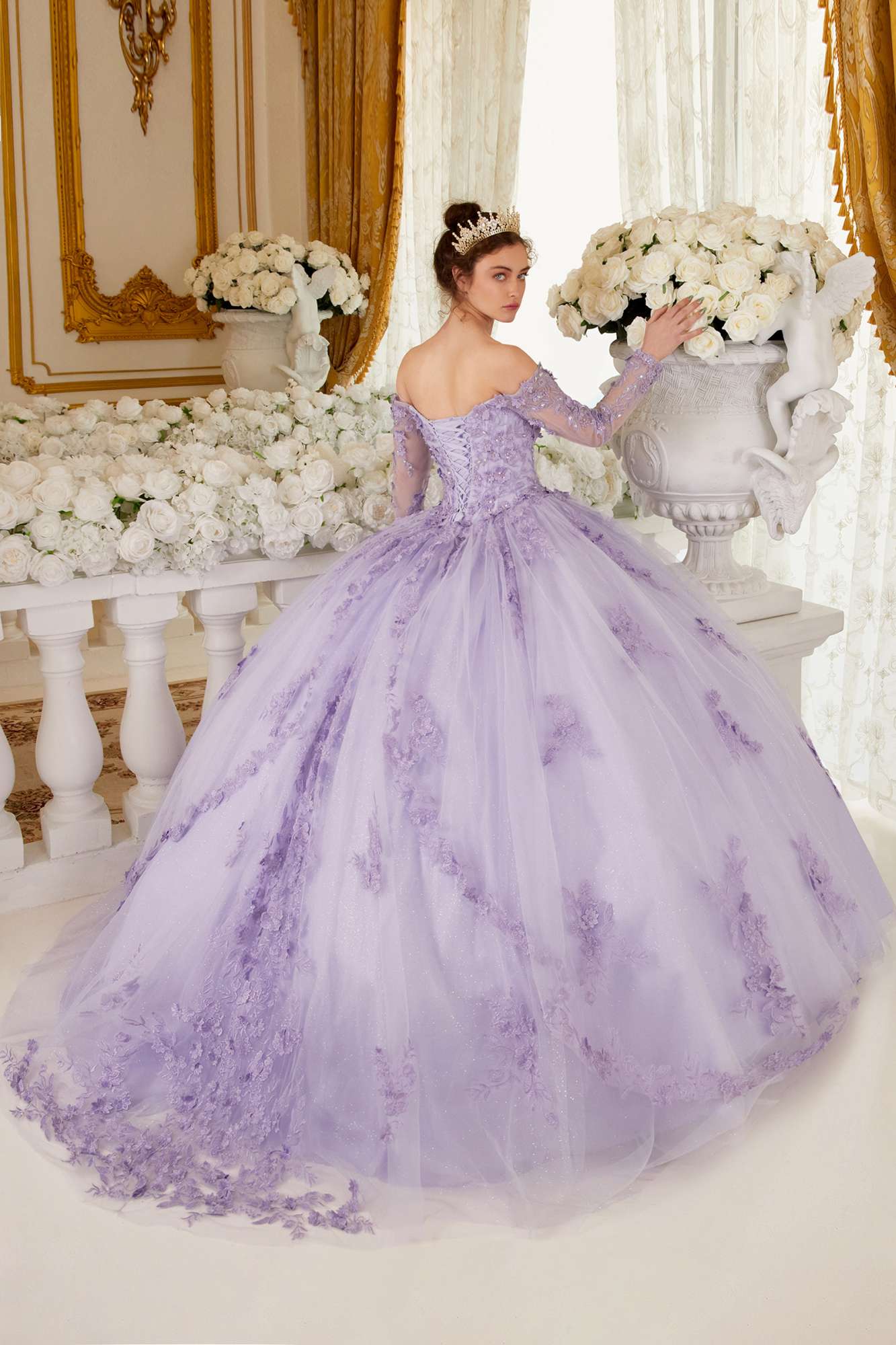 Ladivine 15706 Floor Length Off Shoulder Lace Long Sleeve Ball Gown by DiscountDressShop