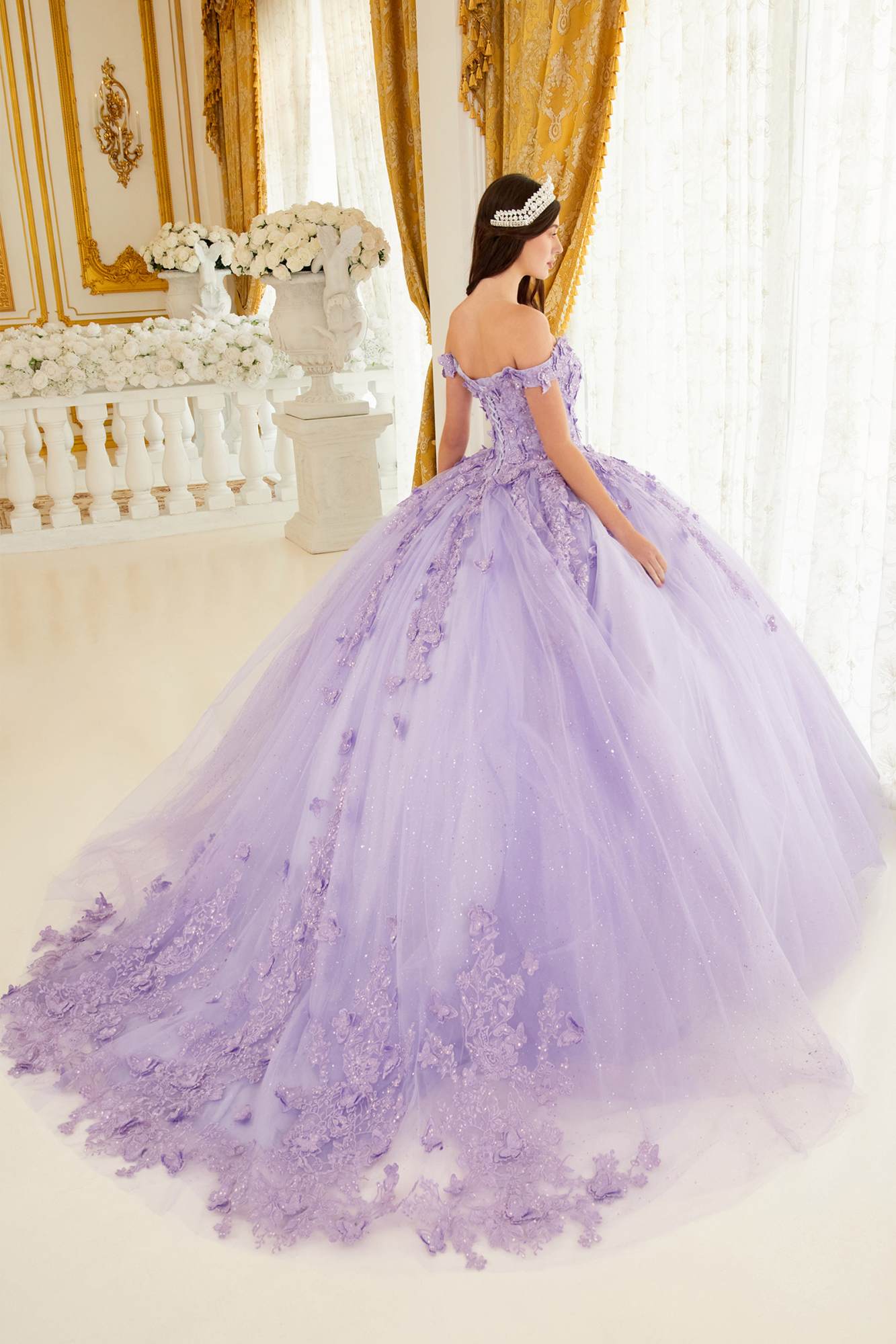 Ladivine 15709 Floor Length Layered Tulle Ball Gown Lace Applique by DiscountDressShop