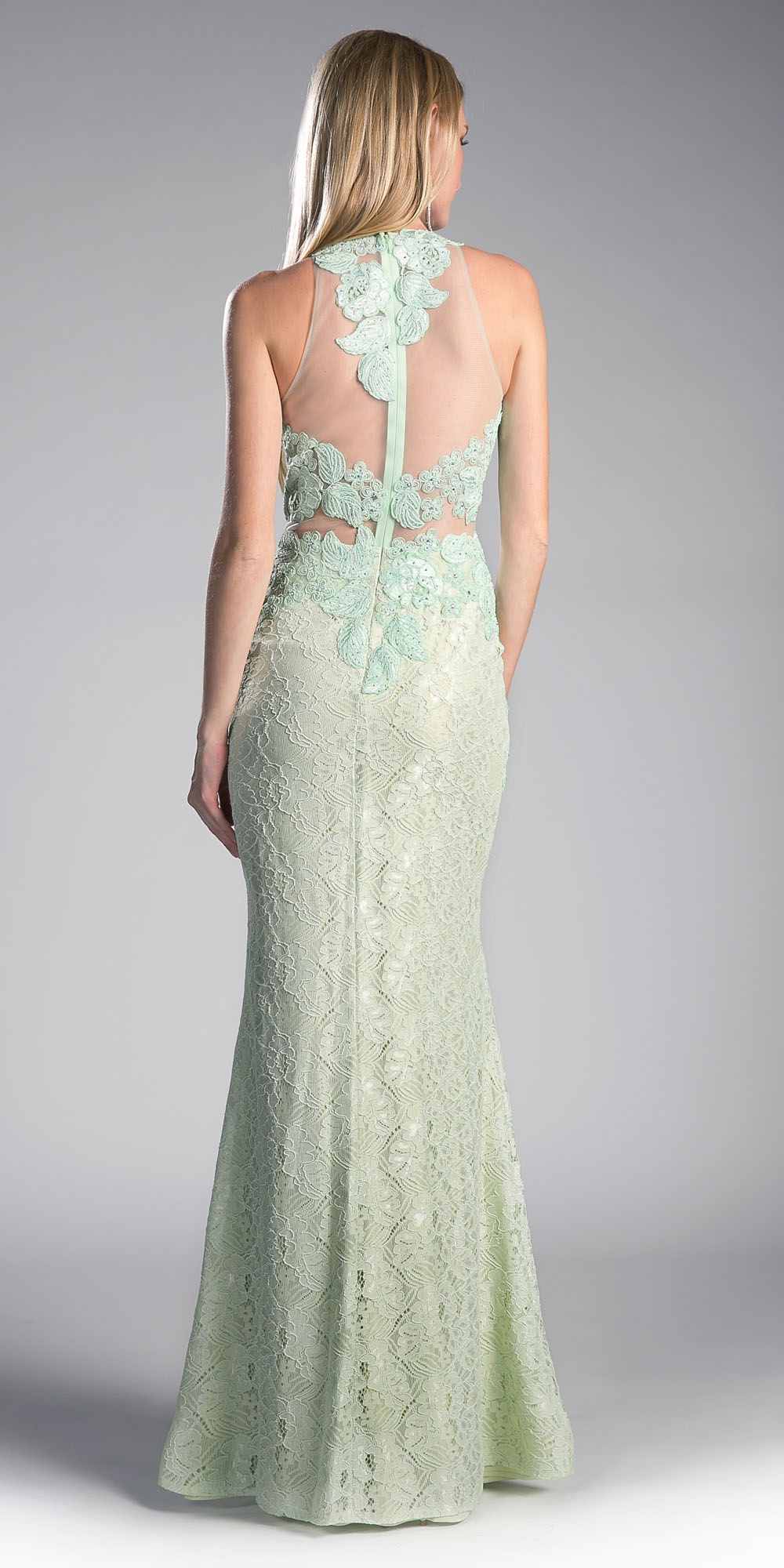 Cinderella Divine 1586 Halter Lace Appliques Mock Two-Piece Gown by DiscountDressShop