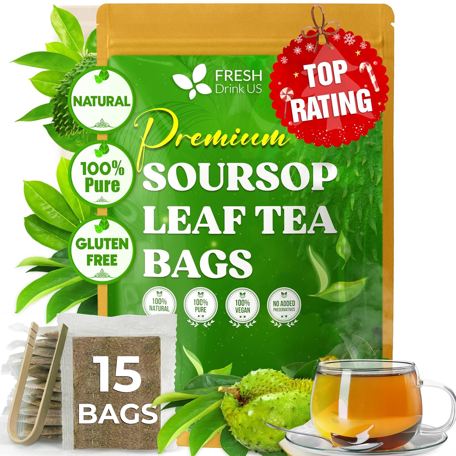 Premium Soursop Leaves Tea bags, Dried Soursop Leaves, Soursop Leaf Powder, Guanabana Leaves Tea, Hoja Guanabana Tea by FreshDrinkUS - Natural and Premium Herbal Tea
