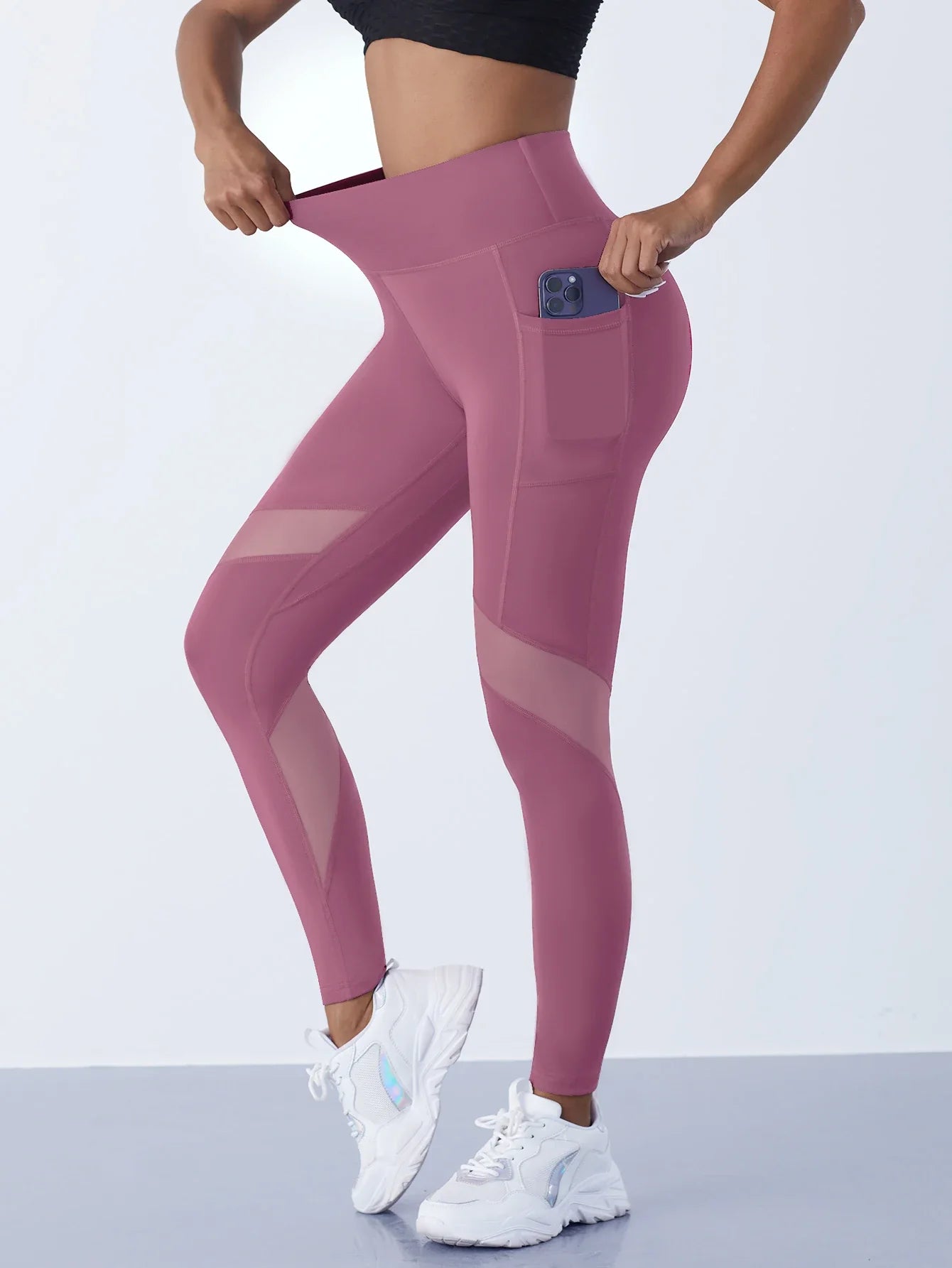 High-Waist Yoga Pants With See-through Tulle Splicing with Tummy Control - Clearance Sale by BalanceX