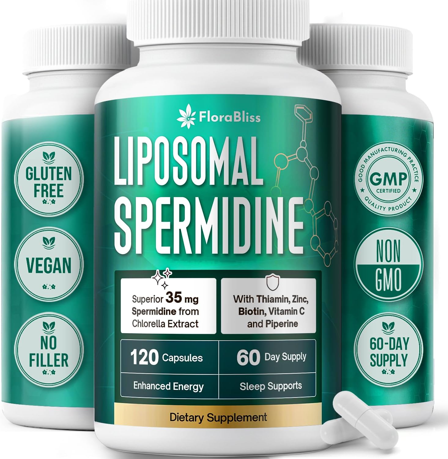 Spermidine Supplement from Chlorella with Thiamin, Zinc, Biotin, & Vitamin C | 120 Capsules | Gluten-Free for Cellular Renewal, Healthy Aging & Vitality Support | 60-Day Supply by FreshDrinkUS - Natural and Premium Herbal Tea