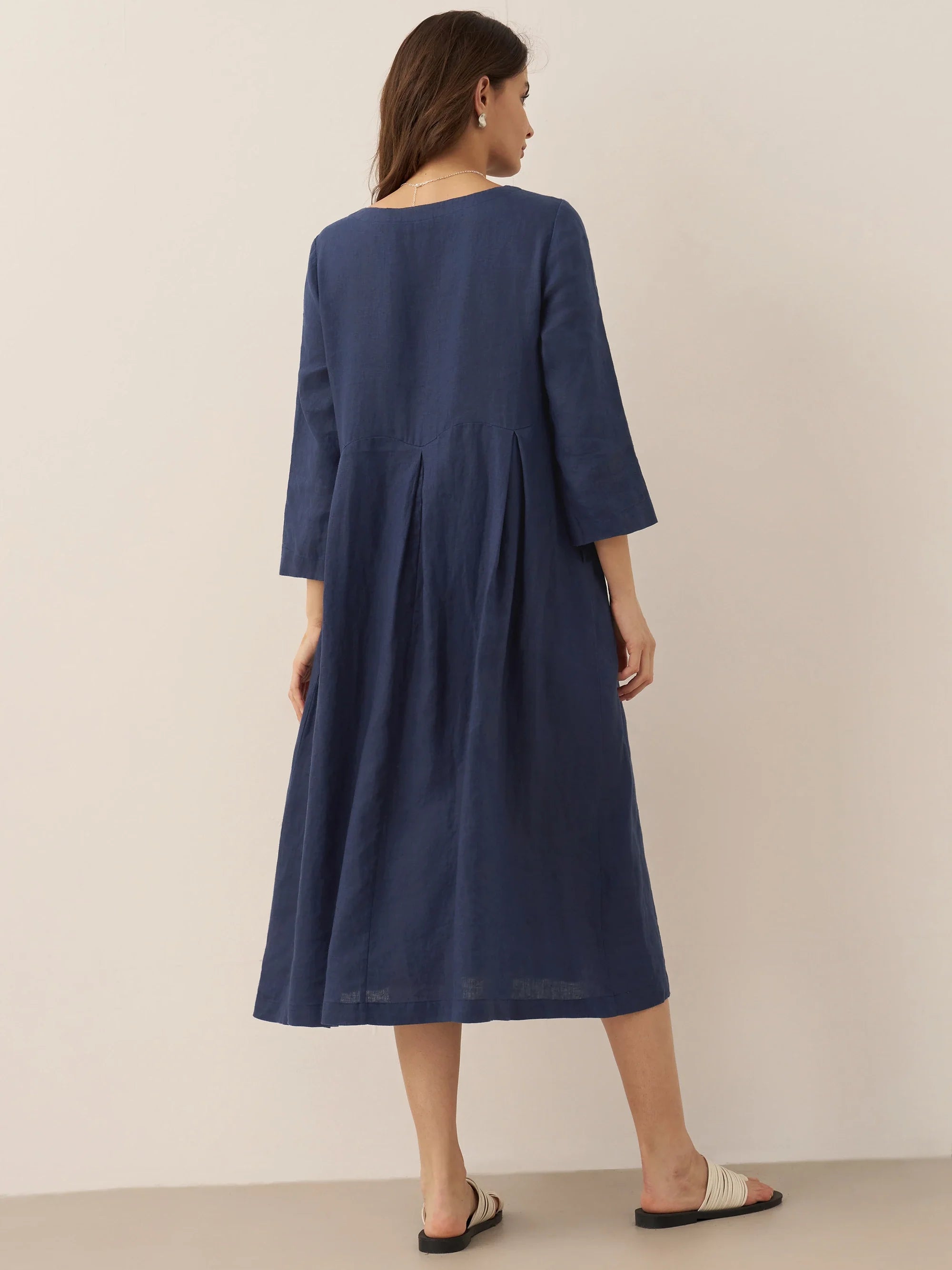 100% Linen Bateau Neck Pleated Midi Dress ABIGAIL by LINTICO