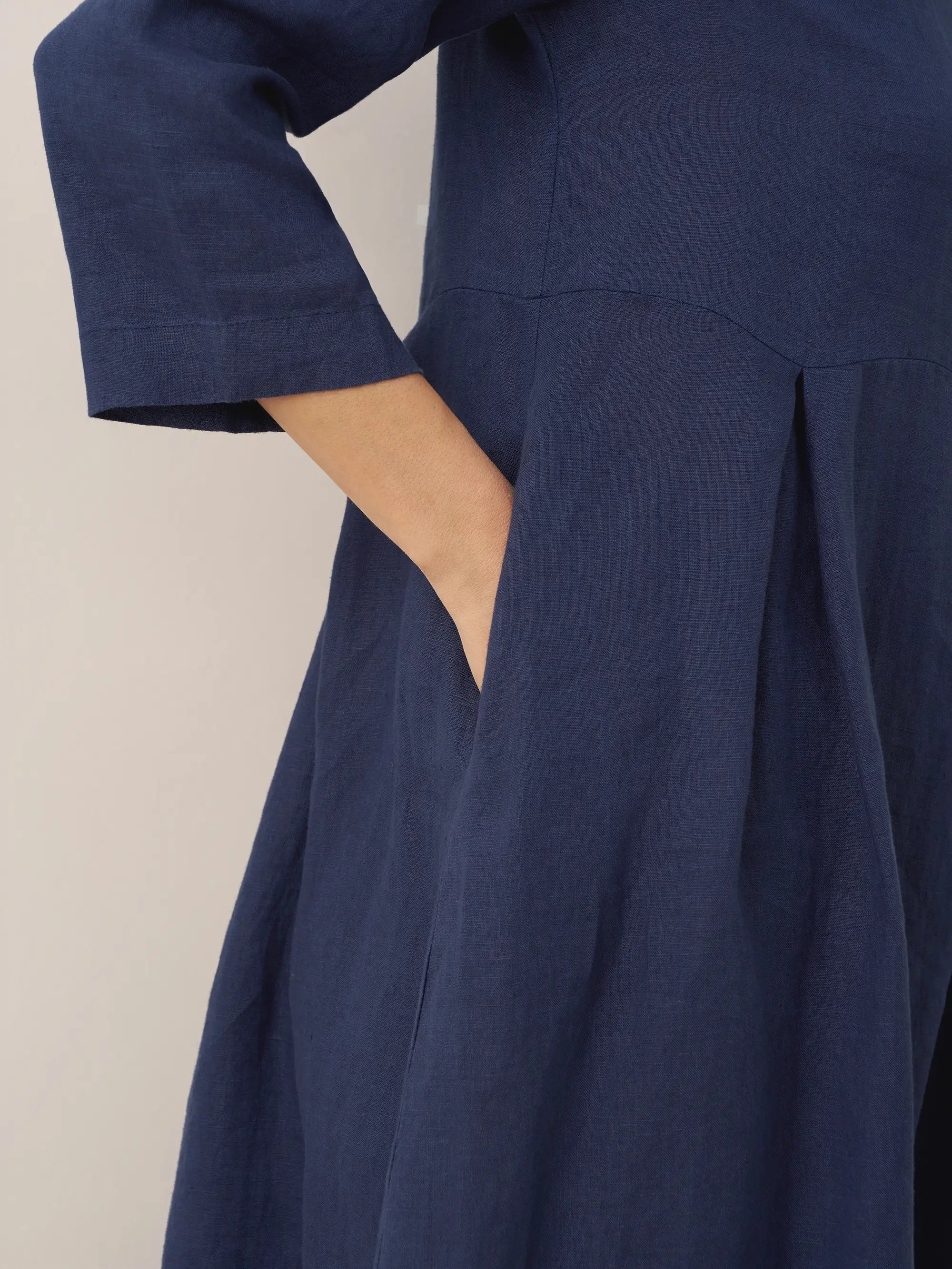 100% Linen Bateau Neck Pleated Midi Dress by LINTICO