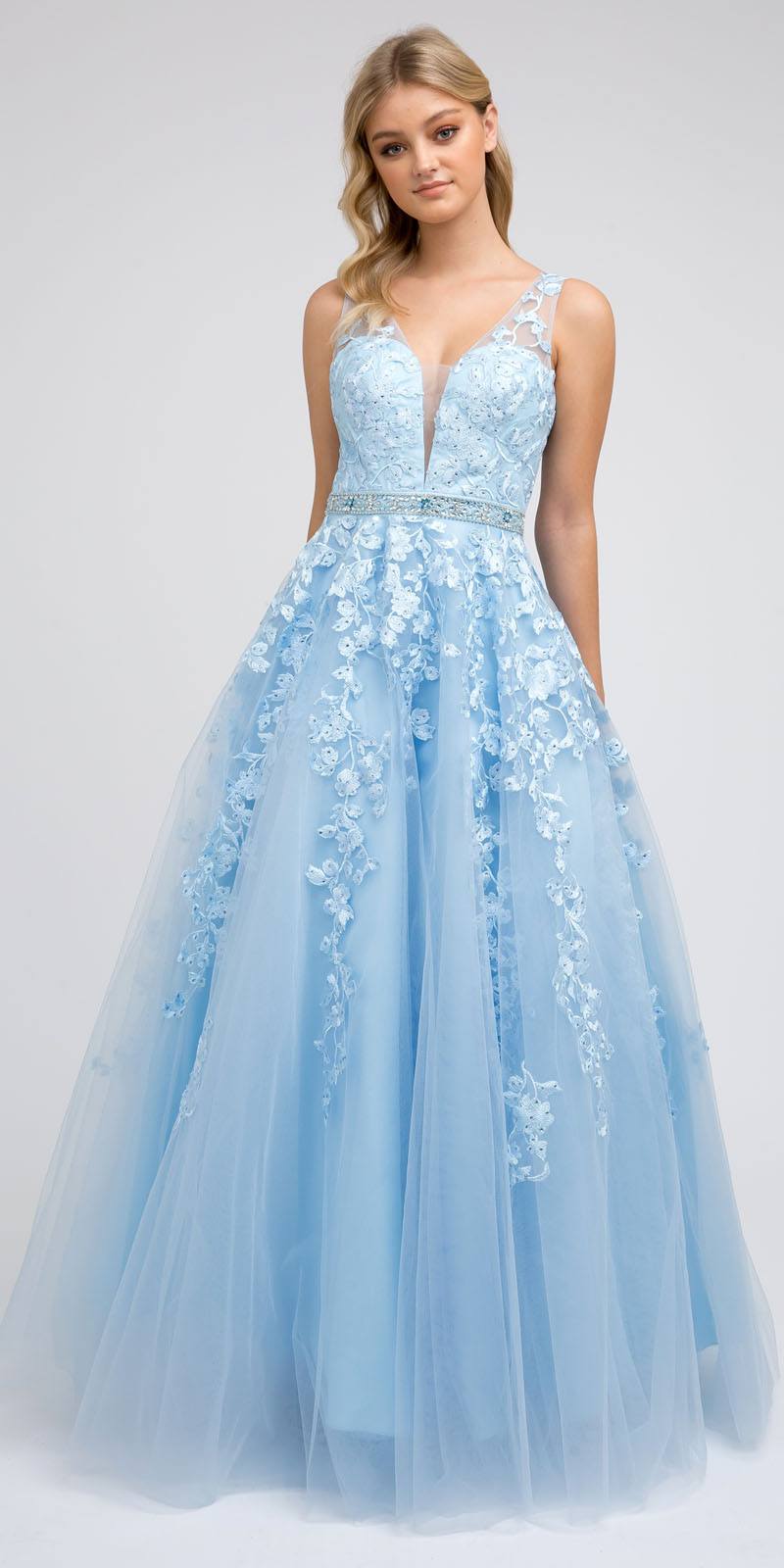 Juliet 224 V-Neck and Back Embroidered Tulle A-Line Ball Gown by DiscountDressShop
