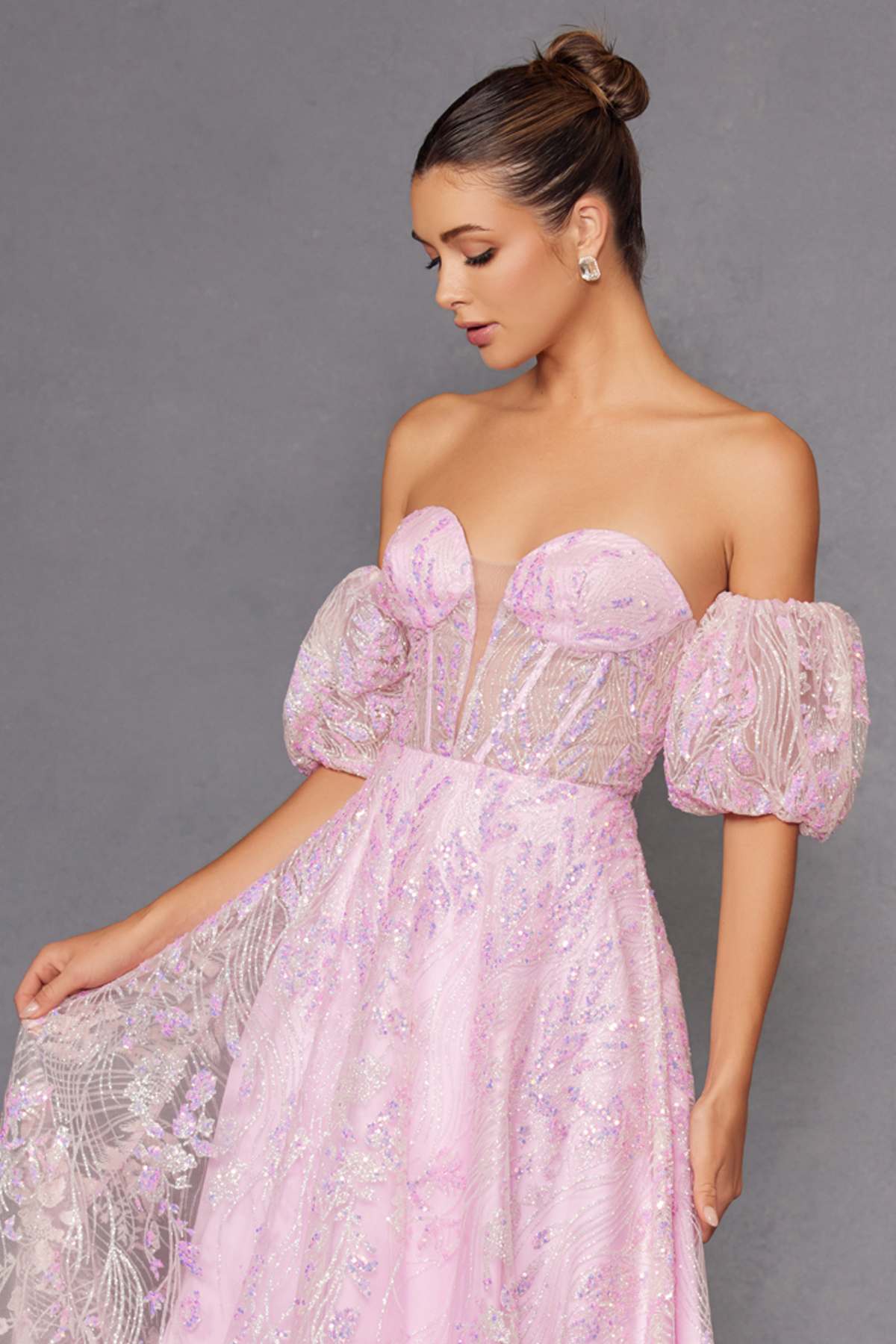 Juliet 2404 Strapless Sequin Tulle Ballgown Removable Puff Sleeves by DiscountDressShop