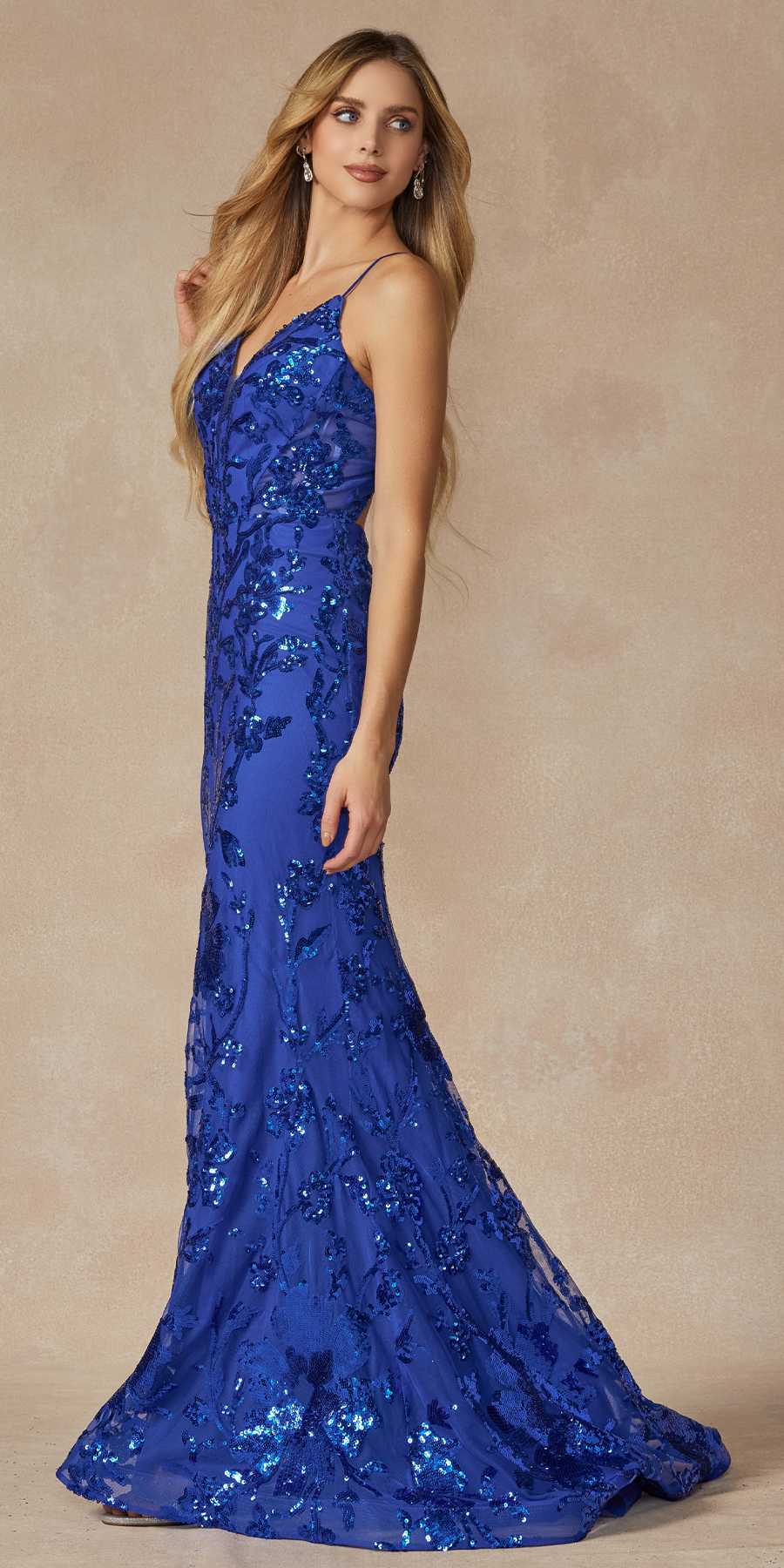 Juliet 2411 Long Sequin Lace Embellishments Fitted Prom Gown by DiscountDressShop