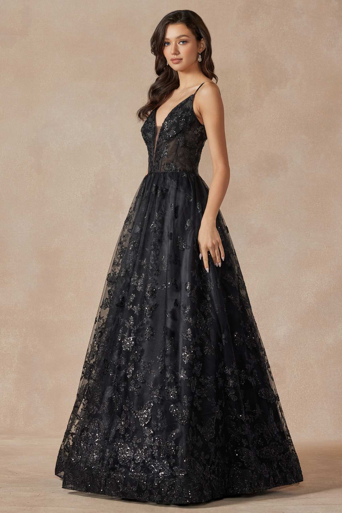 Juliet 2413 Long Butterfly Glitter Embroidered A-Line Gown with Corset Top by DiscountDressShop