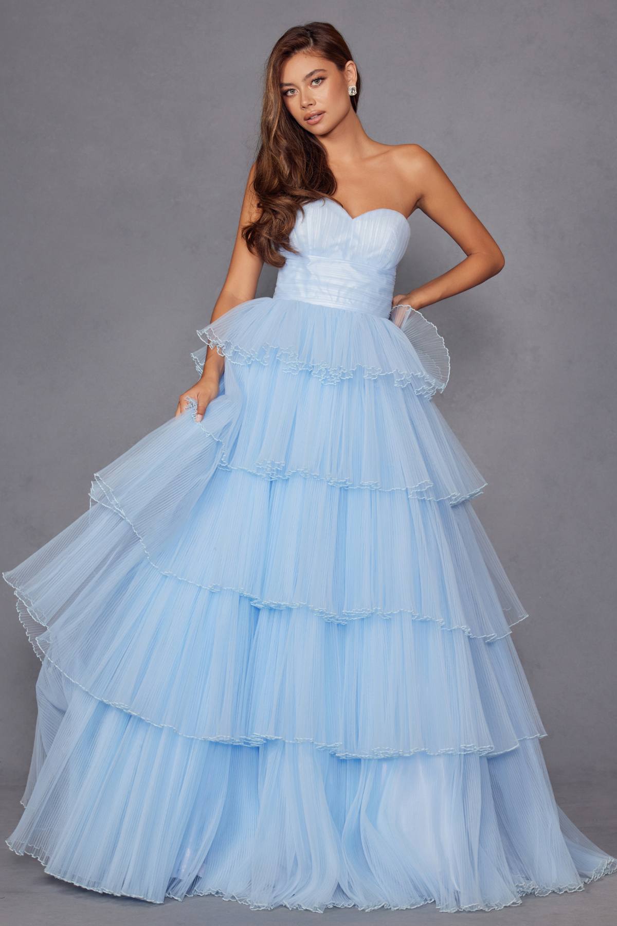 Juliet JT2452K Long Pleated Strapless Tiered Ruffle Tulle A-Line Gown by DiscountDressShop
