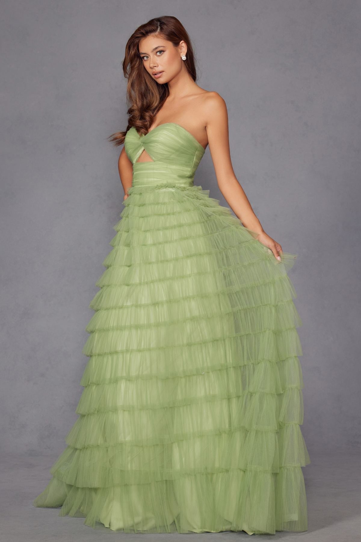 Juliet JT2456H Long Strapless Keyhole Tiered Ruffled Tulle A-Line Gown by DiscountDressShop