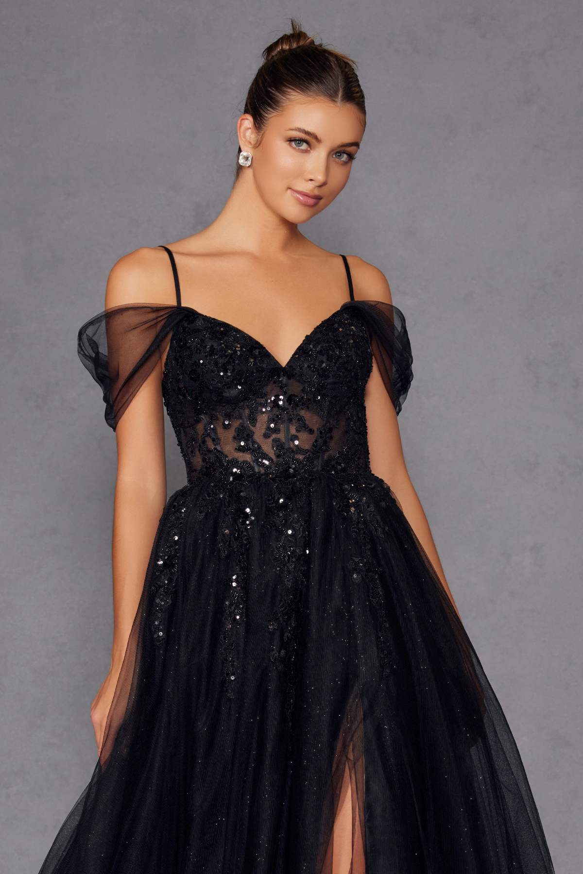 Juliet JT2466A Long Cold Shoulder Sweetheart Corset Bodice A-Line Gown by DiscountDressShop