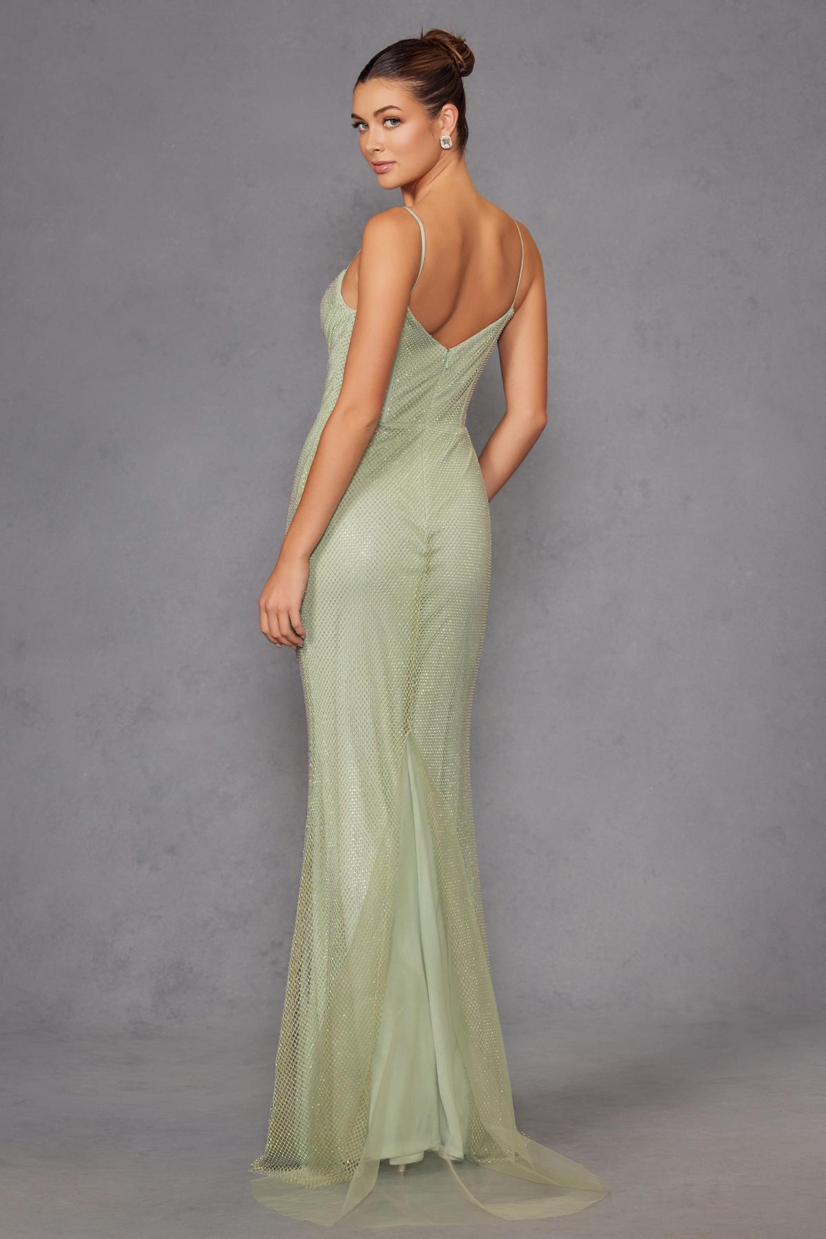 Juliet JT2470S Long V-Neck Boned Bodice Fitted Net Mesh Formal Dress by DiscountDressShop