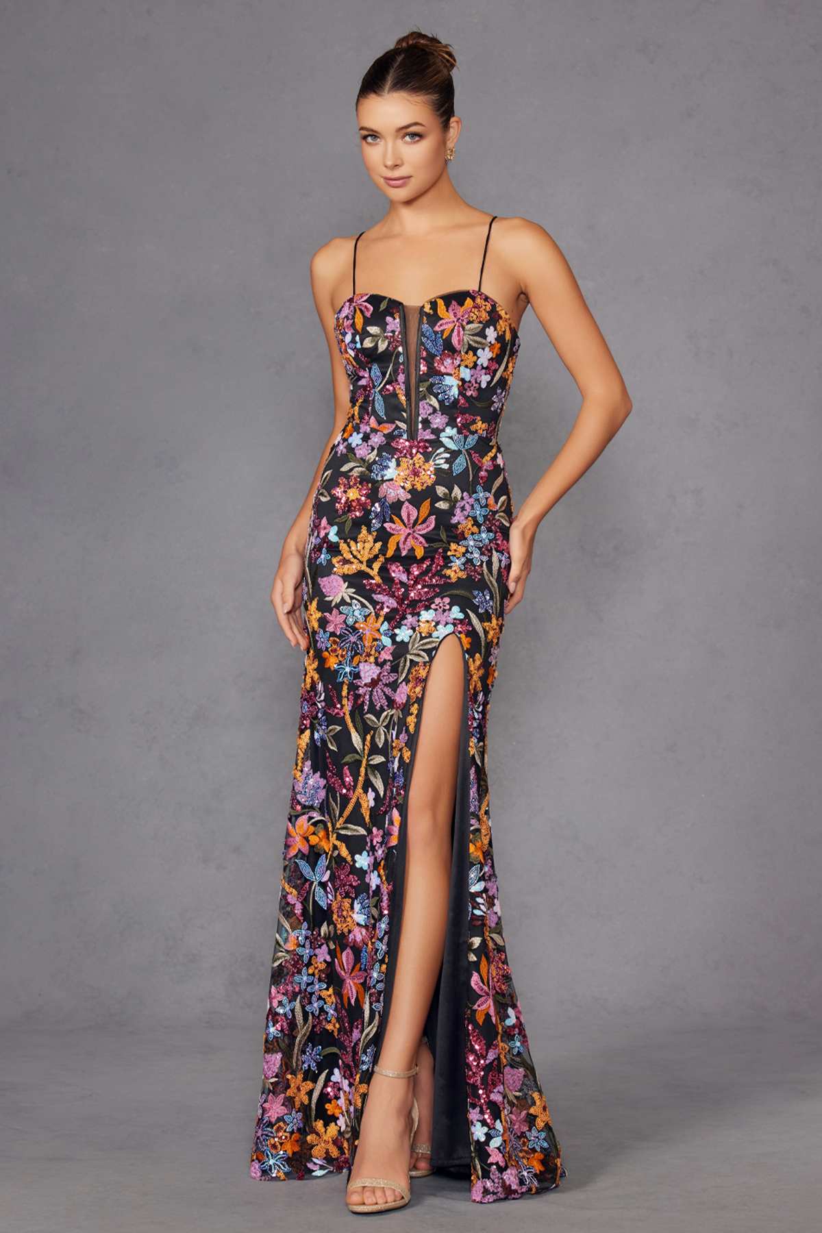 Juliet JT2498A Long Fitted Floral Embroidered Design Evening Gown by DiscountDressShop