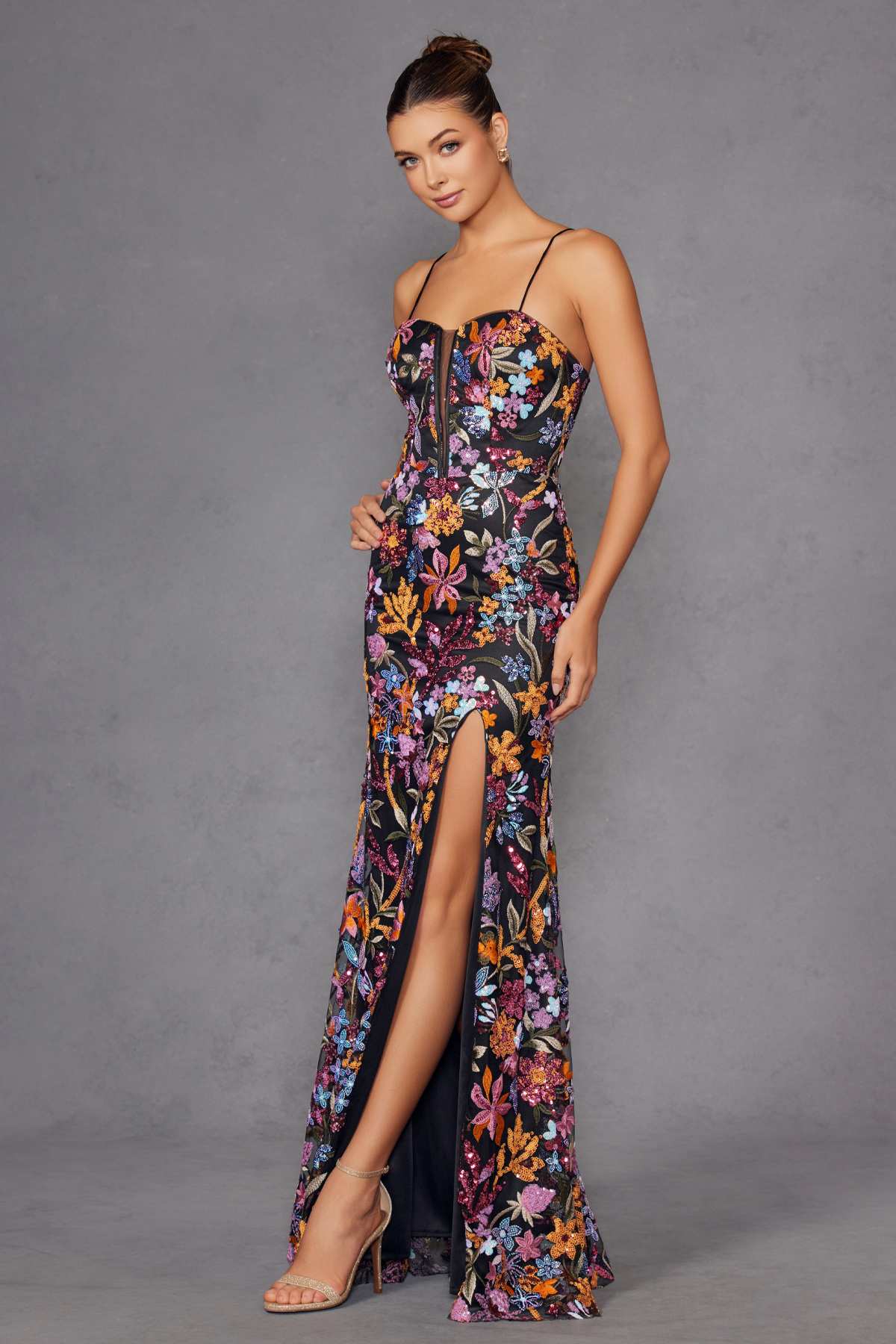 Juliet JT2498A Long Fitted Floral Embroidered Design Evening Gown by DiscountDressShop