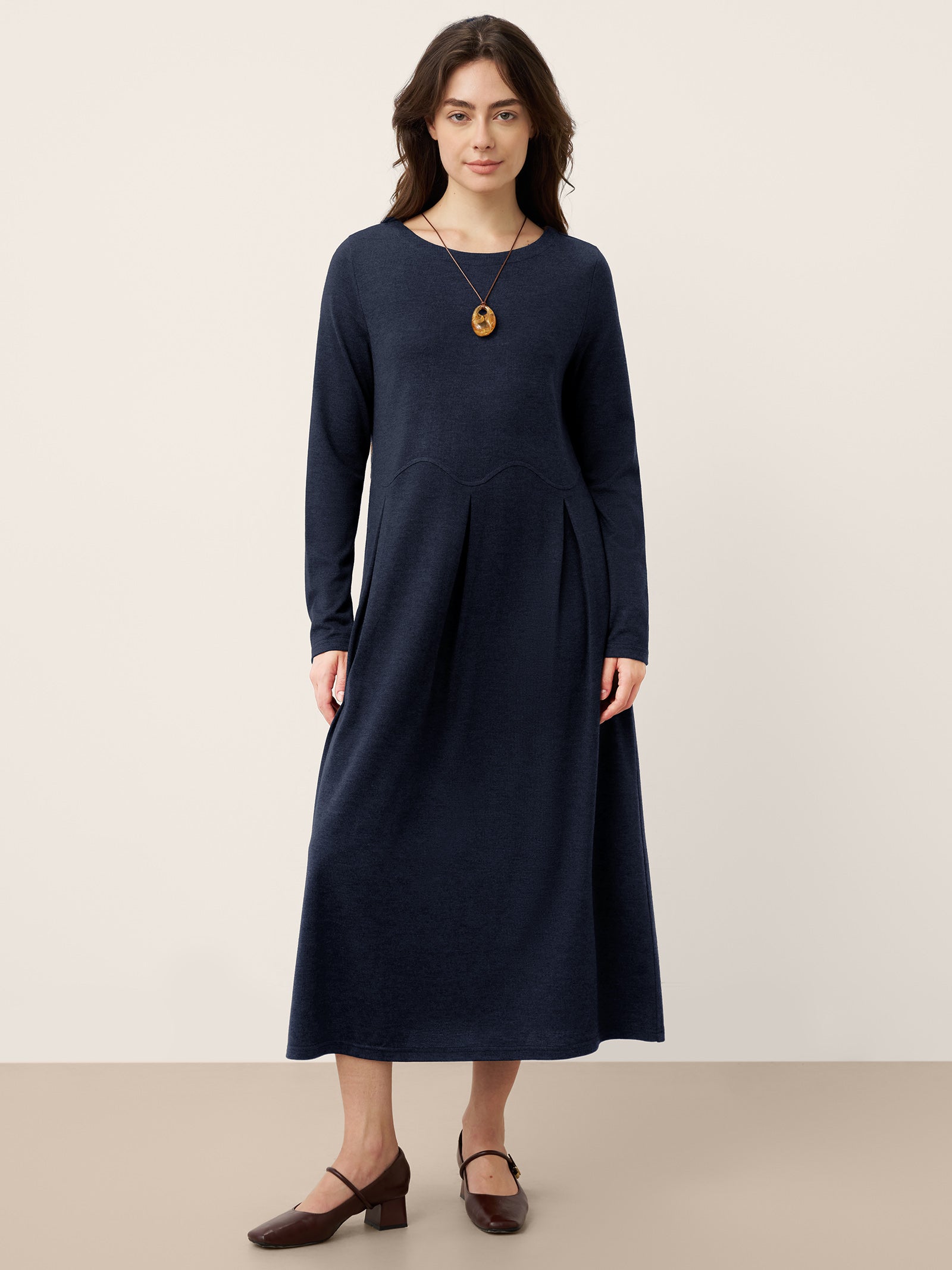 Wool Arc-Panel Sculpted Pleats Midi Dress CALISTA by LINTICO
