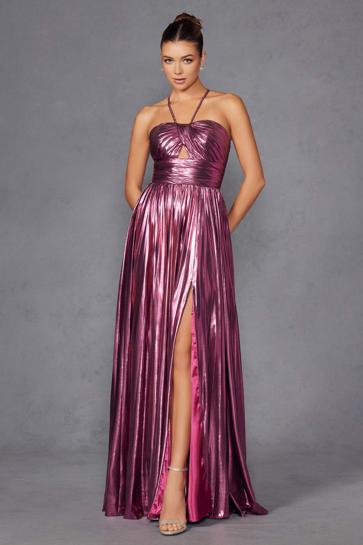 Juliet JT2503A Long Halter A-Line Pleated Metallic Gown by DiscountDressShop