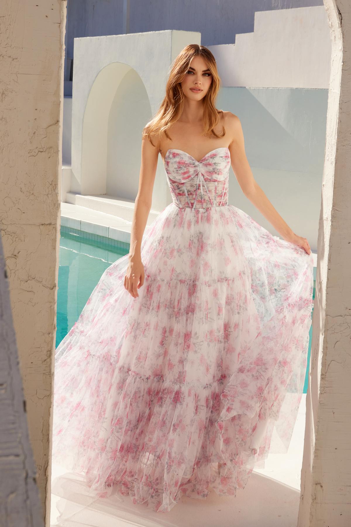 Juliet JT2507A Long Strapless Sweetheart Print Tiered Skirt Gown by DiscountDressShop
