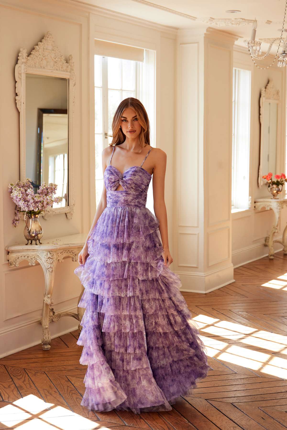 Juliet JT2508A Sweetheart Keyhole Neckline Ruffled Tier Skirt Gown by DiscountDressShop