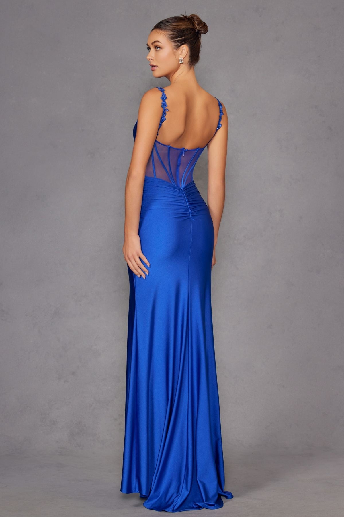 Juliet JT2518i Long Fitted Floral Strap Evening Gown Side Slit by DiscountDressShop