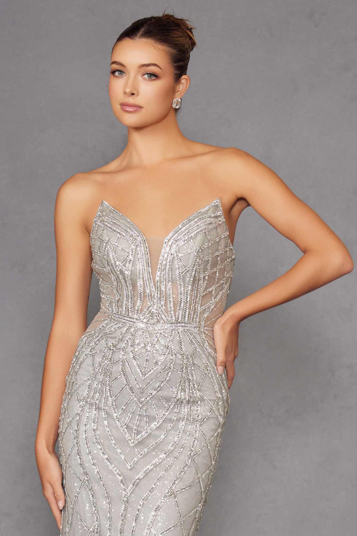 Juliet JT2525L Luxury High End Strapless Fitted Evening Gown by DiscountDressShop