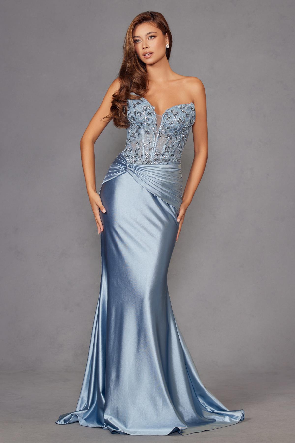 Juliet JT2534K Strapless Sweetheart Boned Corset Satin Prom Gown by DiscountDressShop