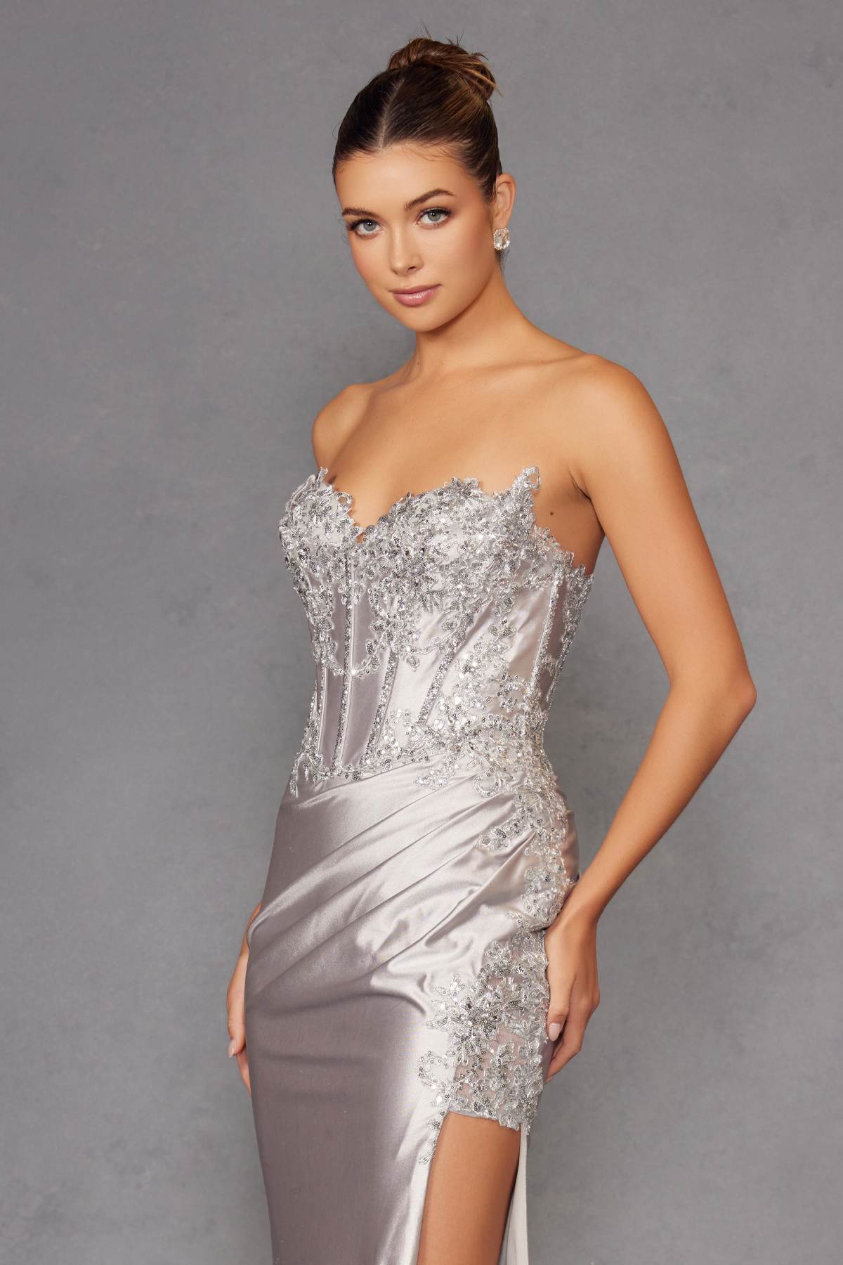 Juliet JT2536K Strapless Sweetheart Corset Back Fitted Satin Prom Gown by DiscountDressShop