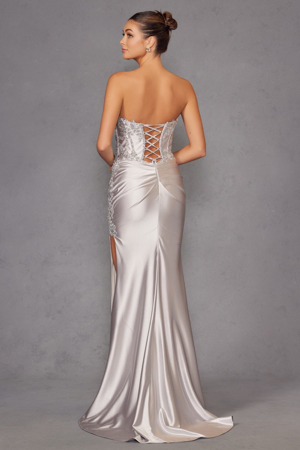 Juliet JT2536K Strapless Sweetheart Corset Back Fitted Satin Prom Gown by DiscountDressShop