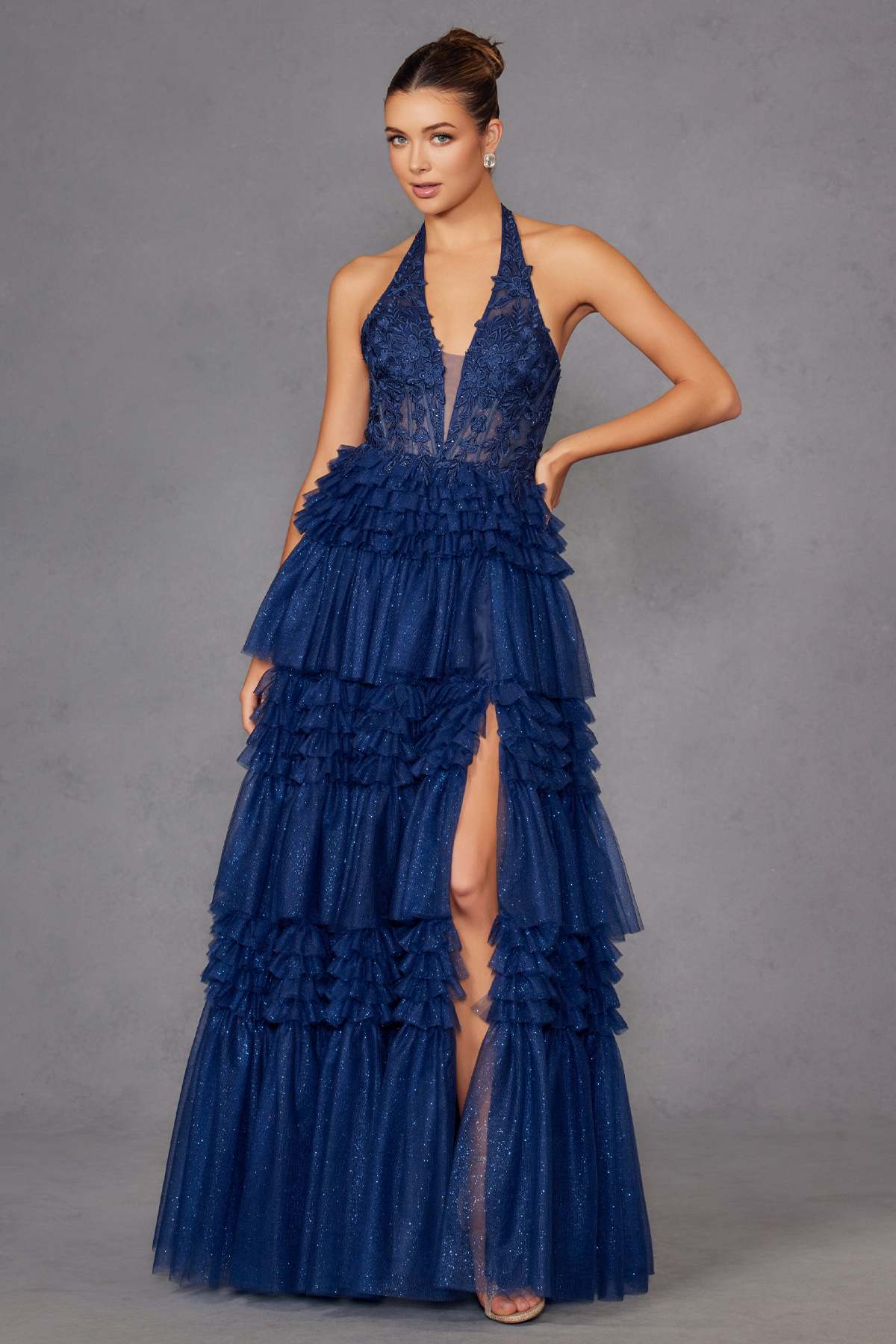 Juliet JT2556S Halter V-Neckline Layered Tulle Slit A-Line Gown by DiscountDressShop