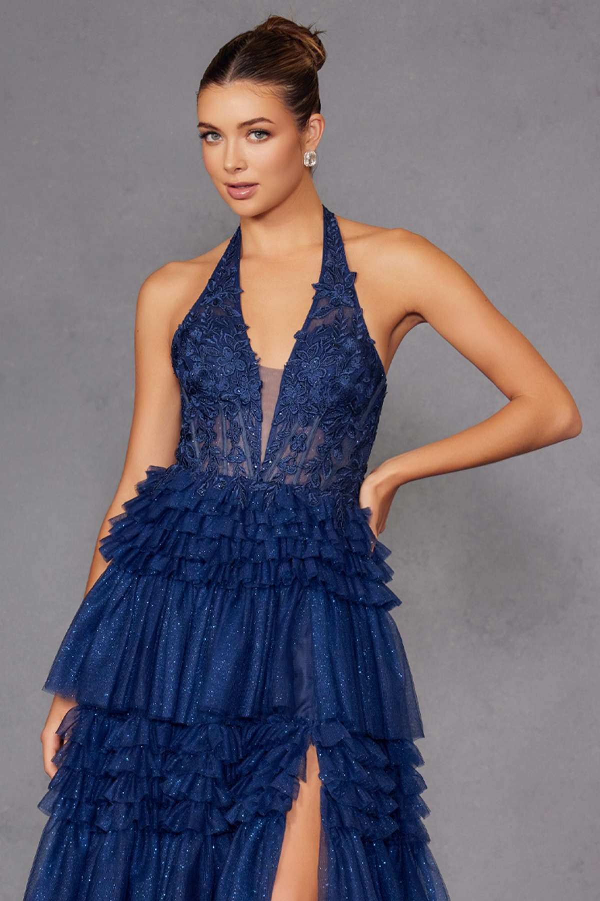 Juliet JT2556S Halter V-Neckline Layered Tulle Slit A-Line Gown by DiscountDressShop