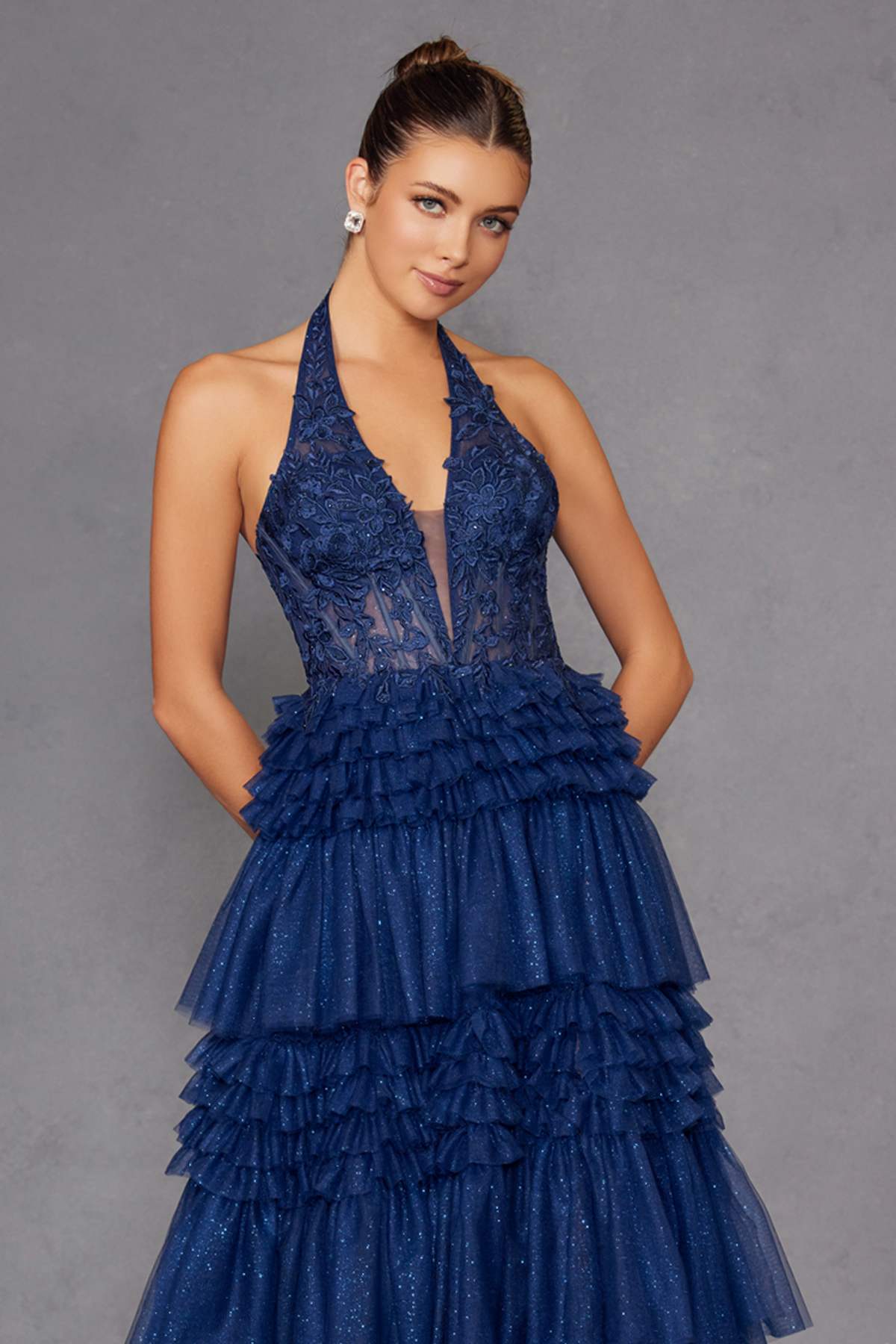 Juliet JT2556S Halter V-Neckline Layered Tulle Slit A-Line Gown by DiscountDressShop