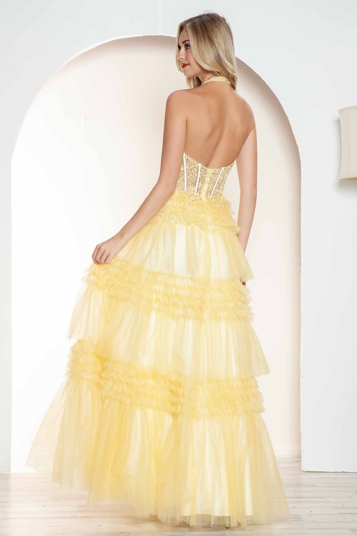 Juliet JT2556S Halter V-Neckline Layered Tulle Slit A-Line Gown by DiscountDressShop
