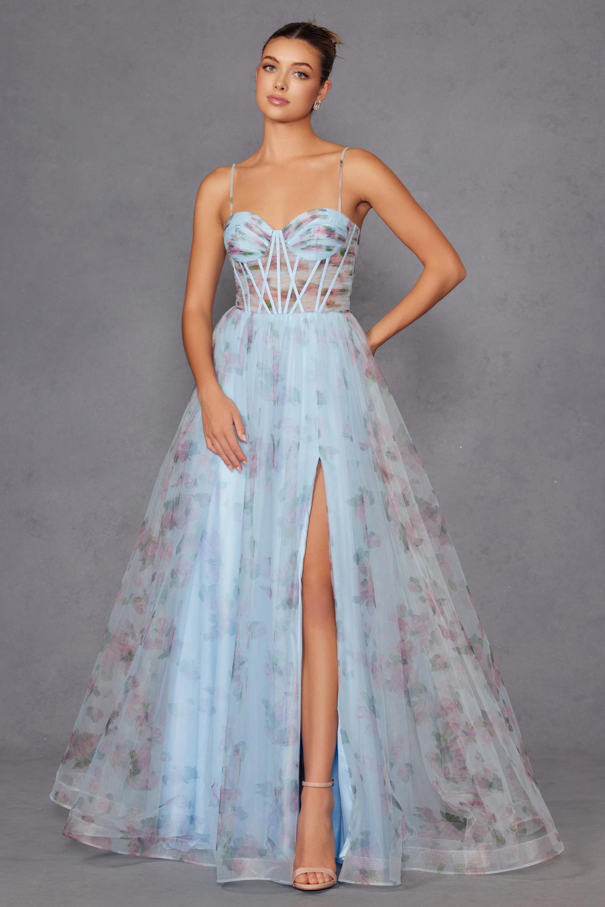 Juliet JT2562S Floral Print Strapless A-Line Tulle Gown by DiscountDressShop