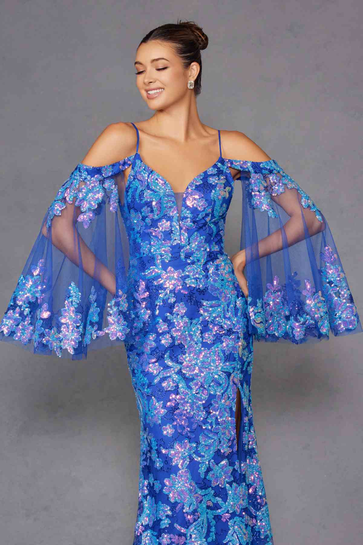 Juliet JT2564U Long Sleeve Cold Shoulder Fitted Sequin Gown by DiscountDressShop