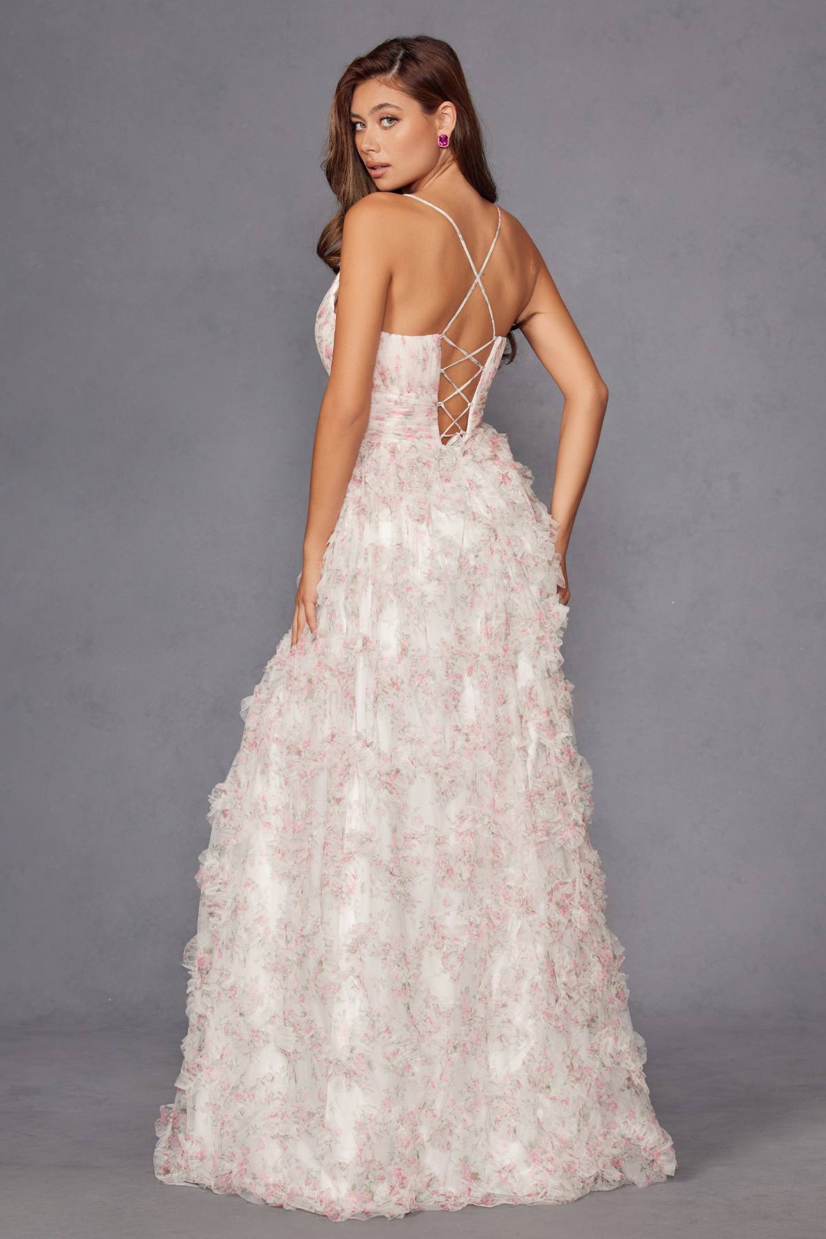 Juliet JT2572U Long Ruffled Layered Skirt Print Formal Gown by DiscountDressShop