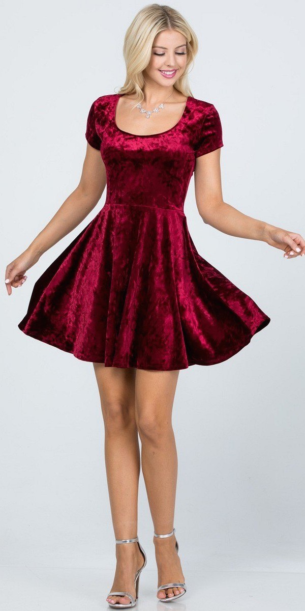 CLEARANCE - La Scala 25821 Crushed Velvet Short Sleeve Red Skater Dress (Size XL) by DiscountDressShop